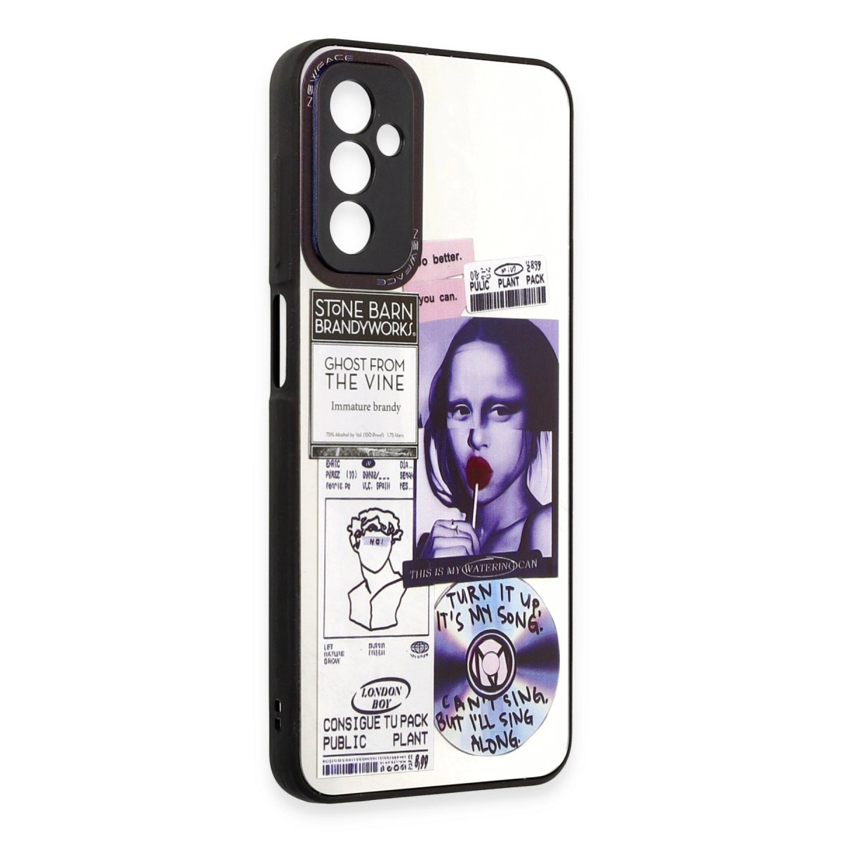 Kolaj tasarımlı telefon kılıfı: Mona Lisa lolipoplu, yazılı ve CD'li.