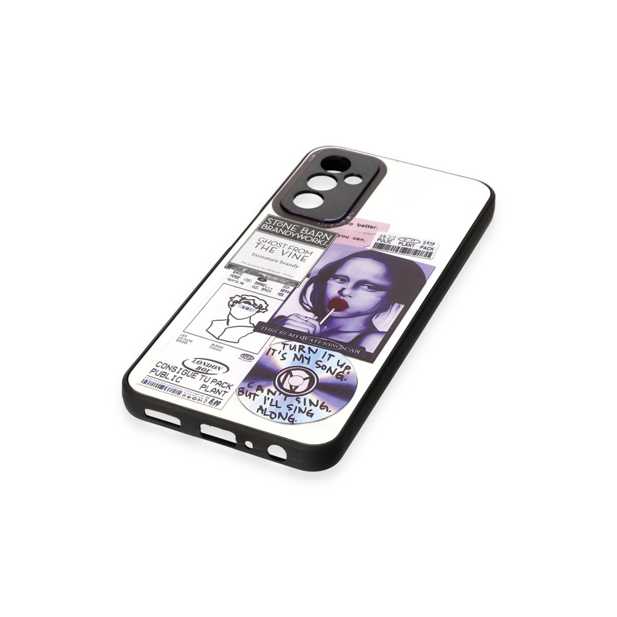 Lolipop ve metinle Mona Lisa dahil grafikler içeren telefon kılıfı.
