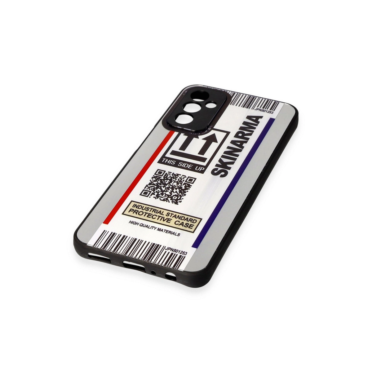 Kargo etiketi tasarımlı, QR kodlu ve metinli telefon kılıfı.