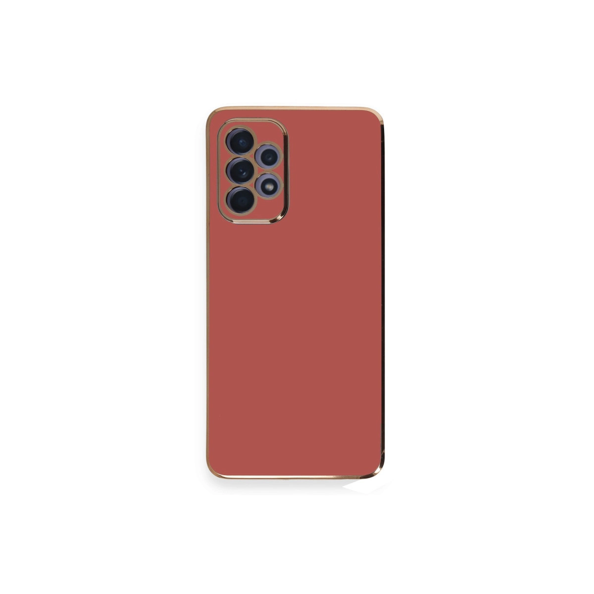 Altın kenarlı kırmızı telefon kılıfı ve altı kamera lensi.