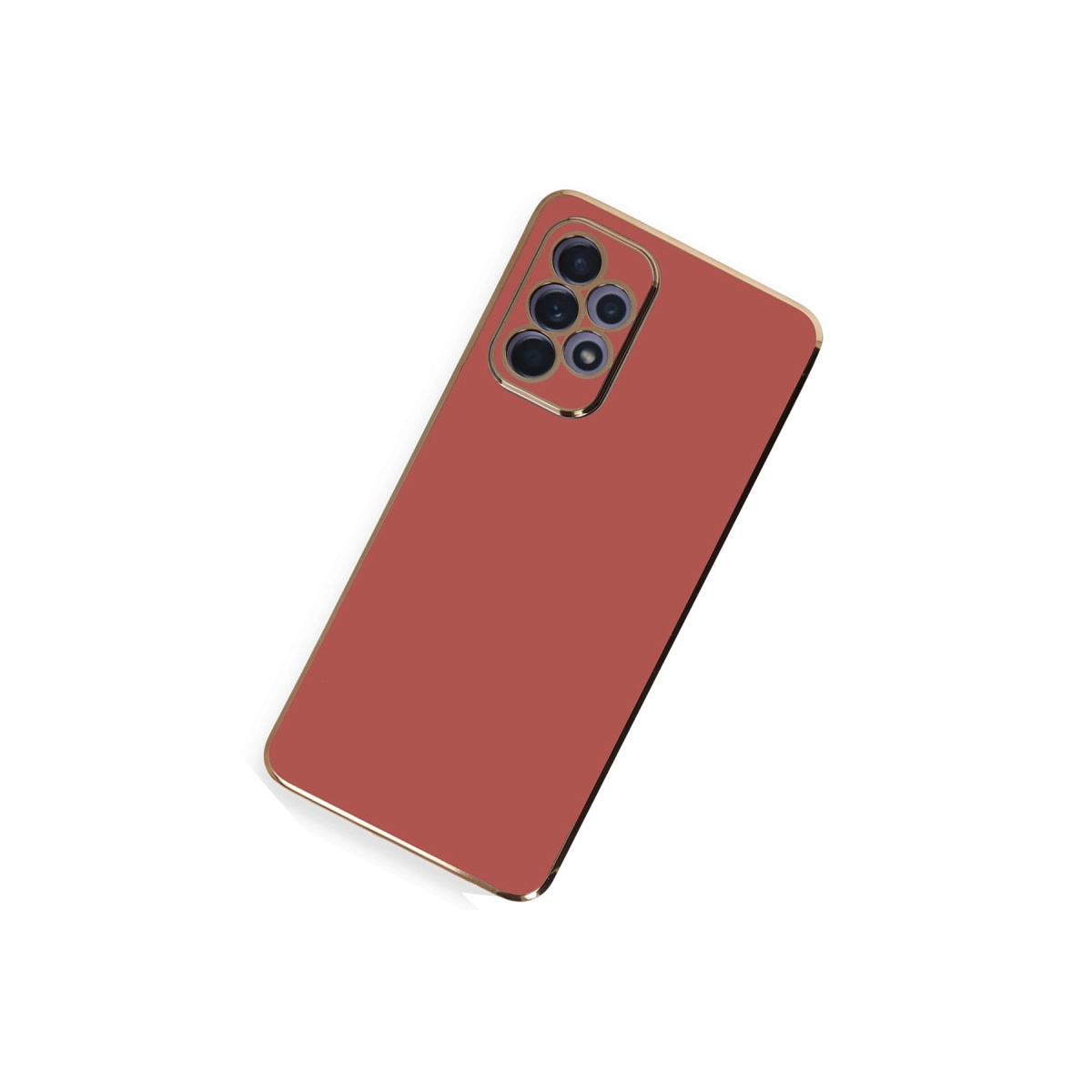 Altın kenarlıklı, altı kameralı kırmızı akıllı telefon, beyazda izole.