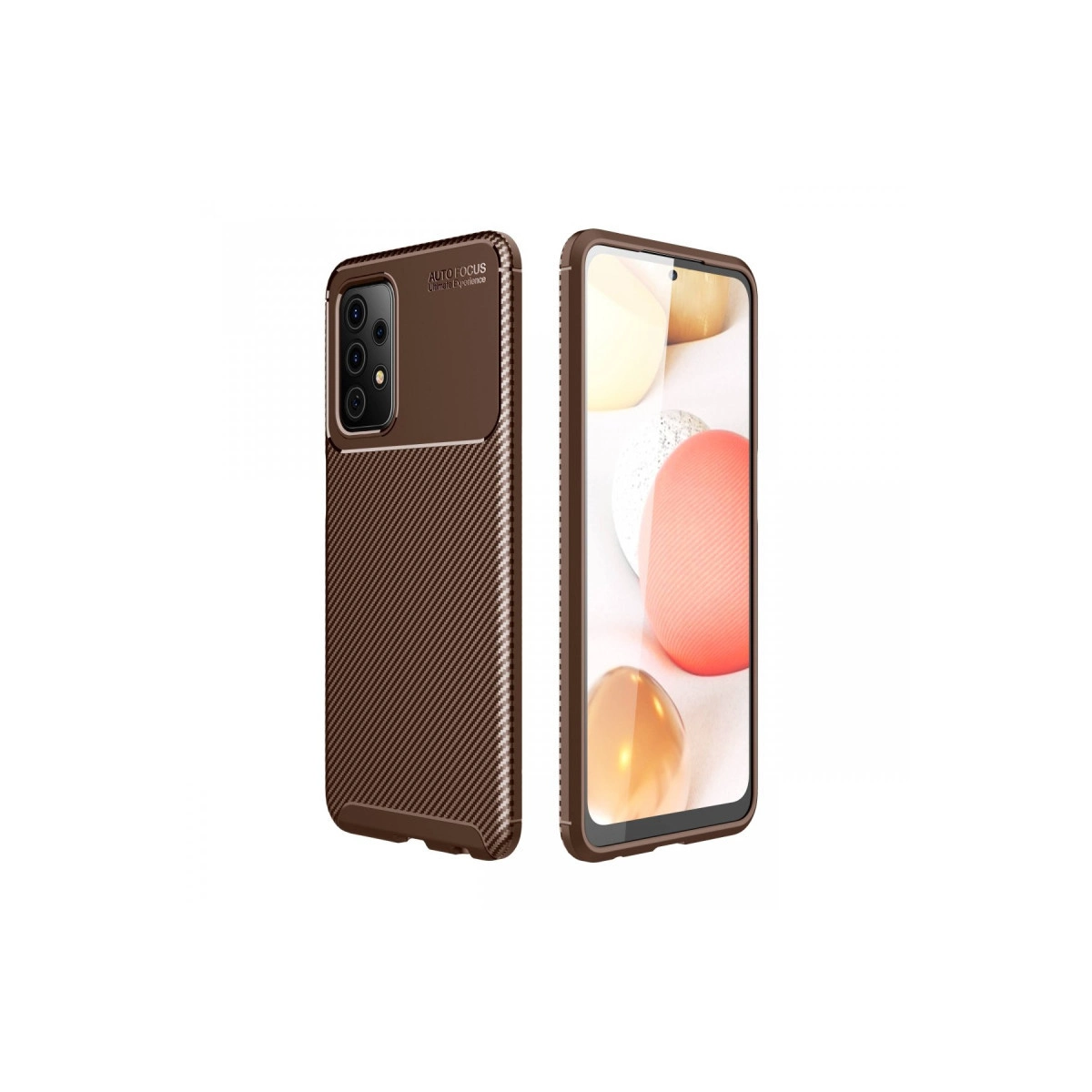 Kahverengi telefon kılıfı ve ekranda renkli daireler gösteren bir akıllı telefon.