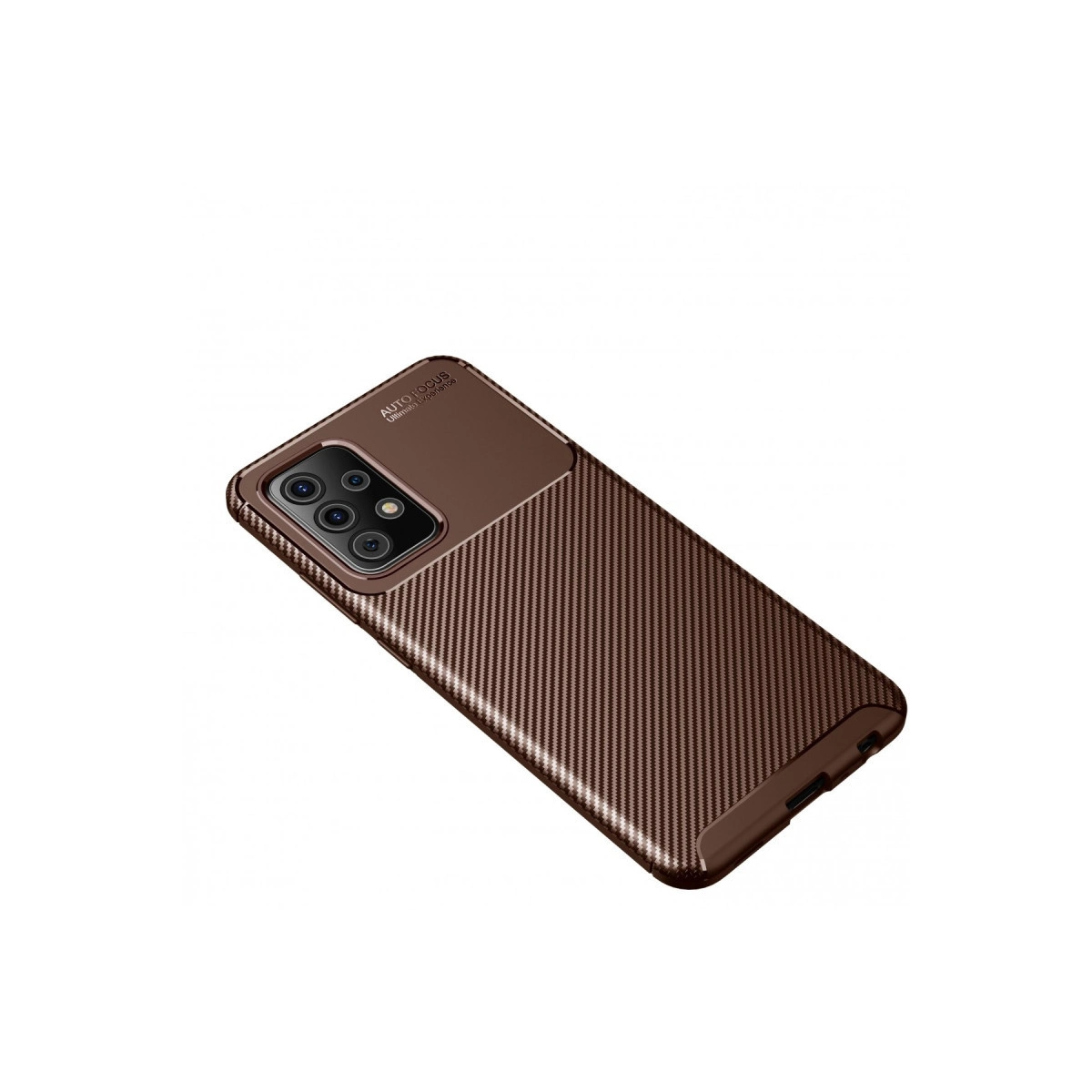 Karbon fiber dokulu kahverengi telefon kılıfı ve kamera modülü.