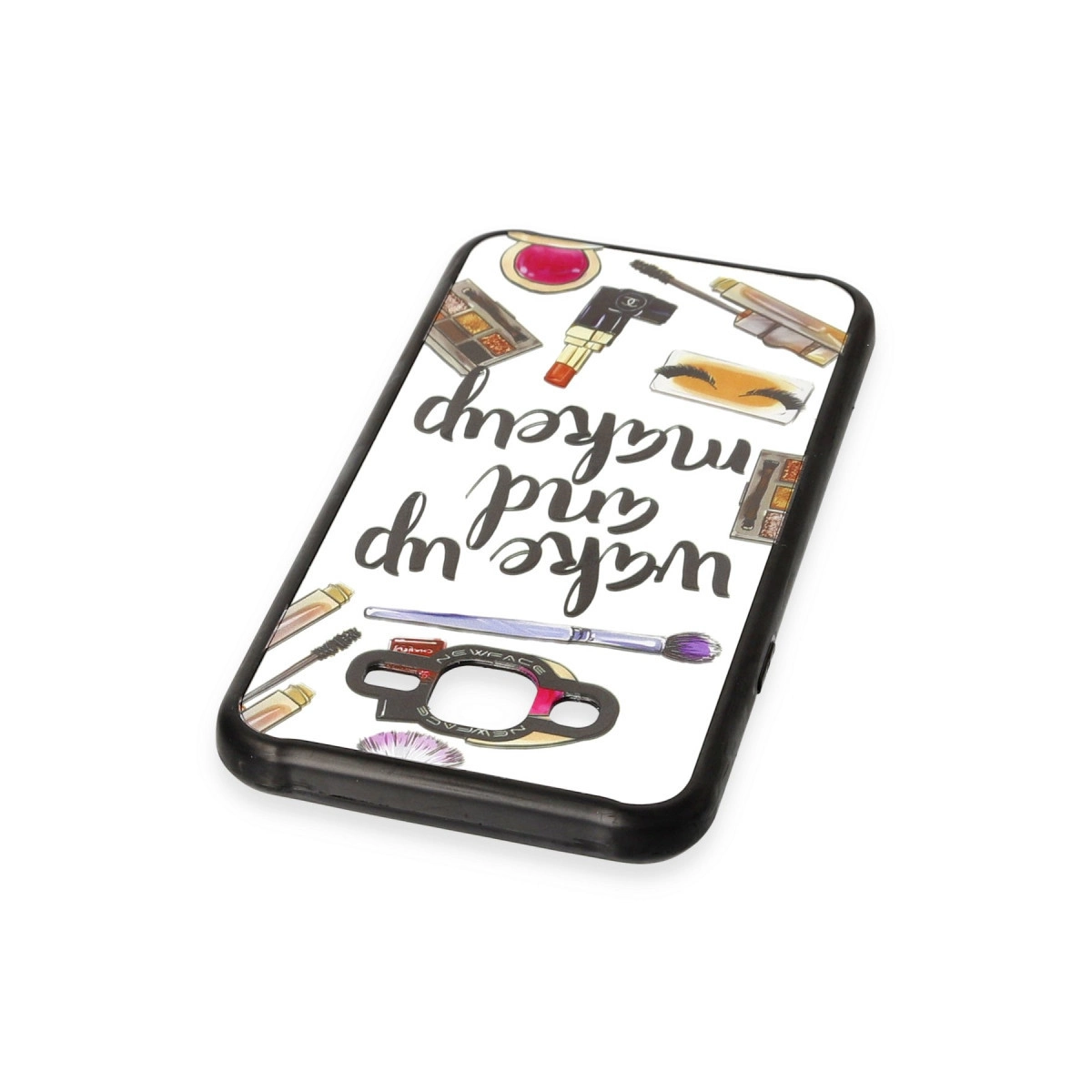 Telefon kılıfı, "Wake up and makeup" yazısı ve kozmetik çizimleriyle.