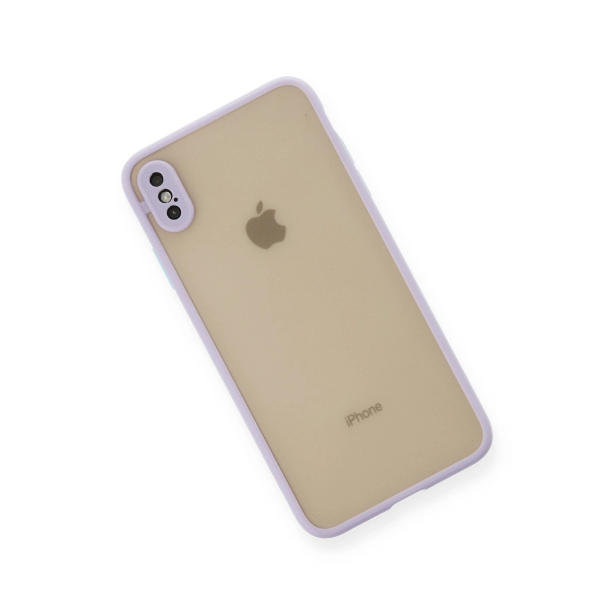 Mor çerçeveli, çift lensli şeffaf iPhone kılıfı.