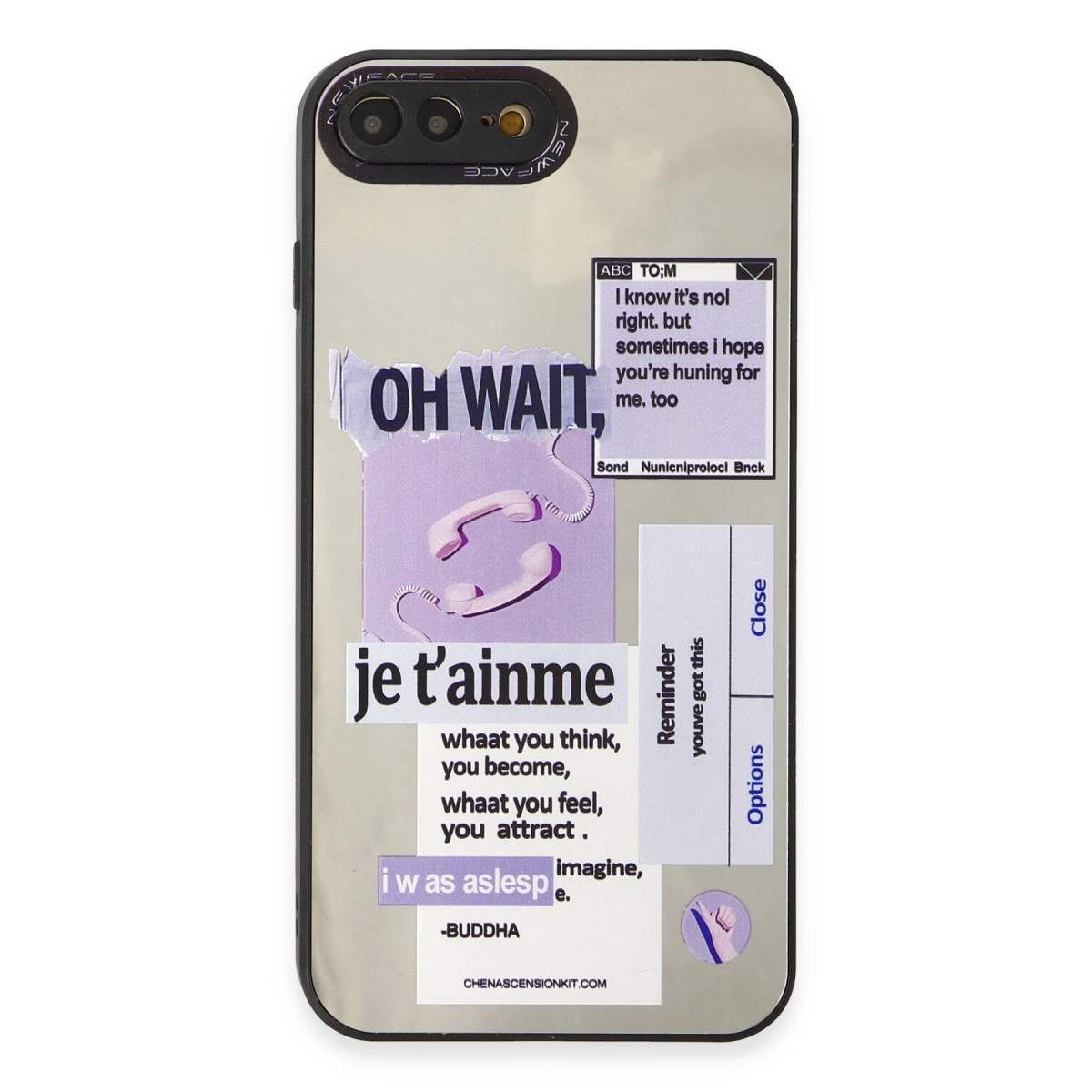 Etiketli telefon kılıfı: "OH WAIT," mor ahize, metin alıntıları.