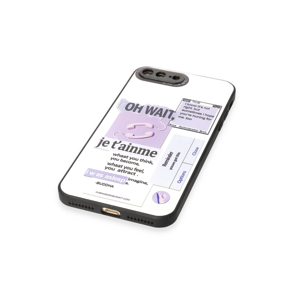 Telefon ahizesi dahil mor ve beyaz metin ve simgeler içeren iPhone kılıfı.