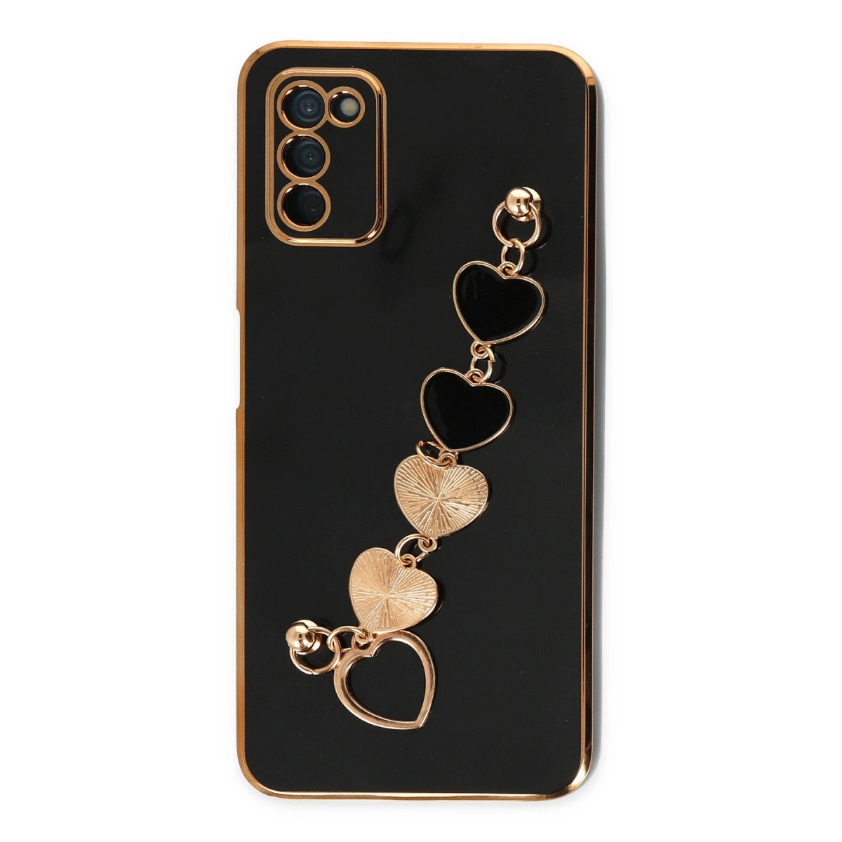 Altın süslemeli siyah telefon kılıfı ve sarkan kalp takı zinciri.