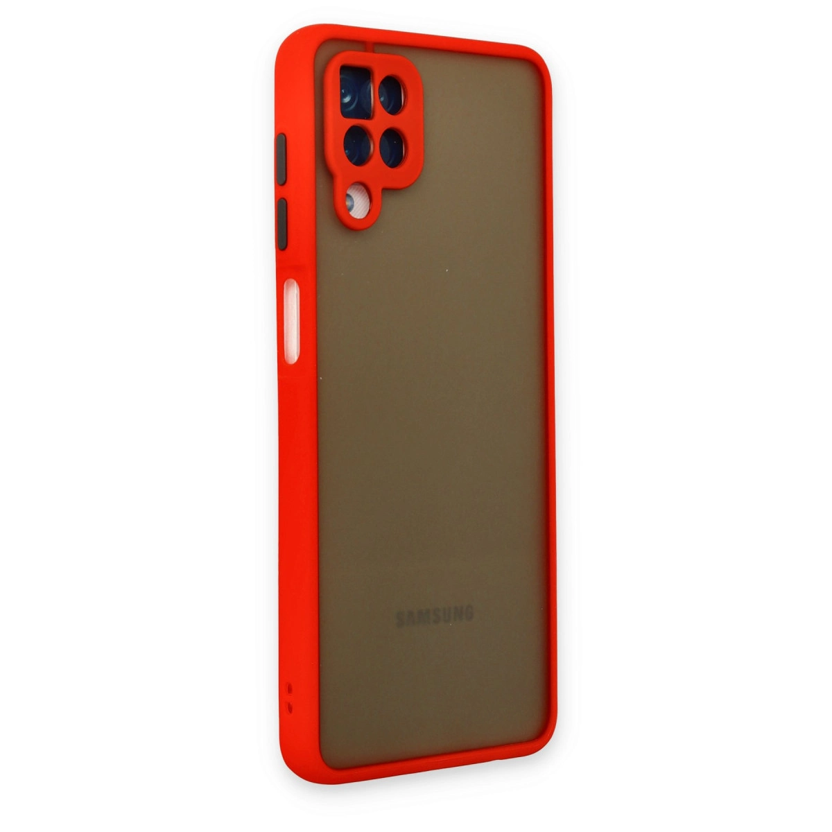Kırmızı telefon kılıfı, kahverengi yarı saydam arka yüzü ve kamera yuvası.