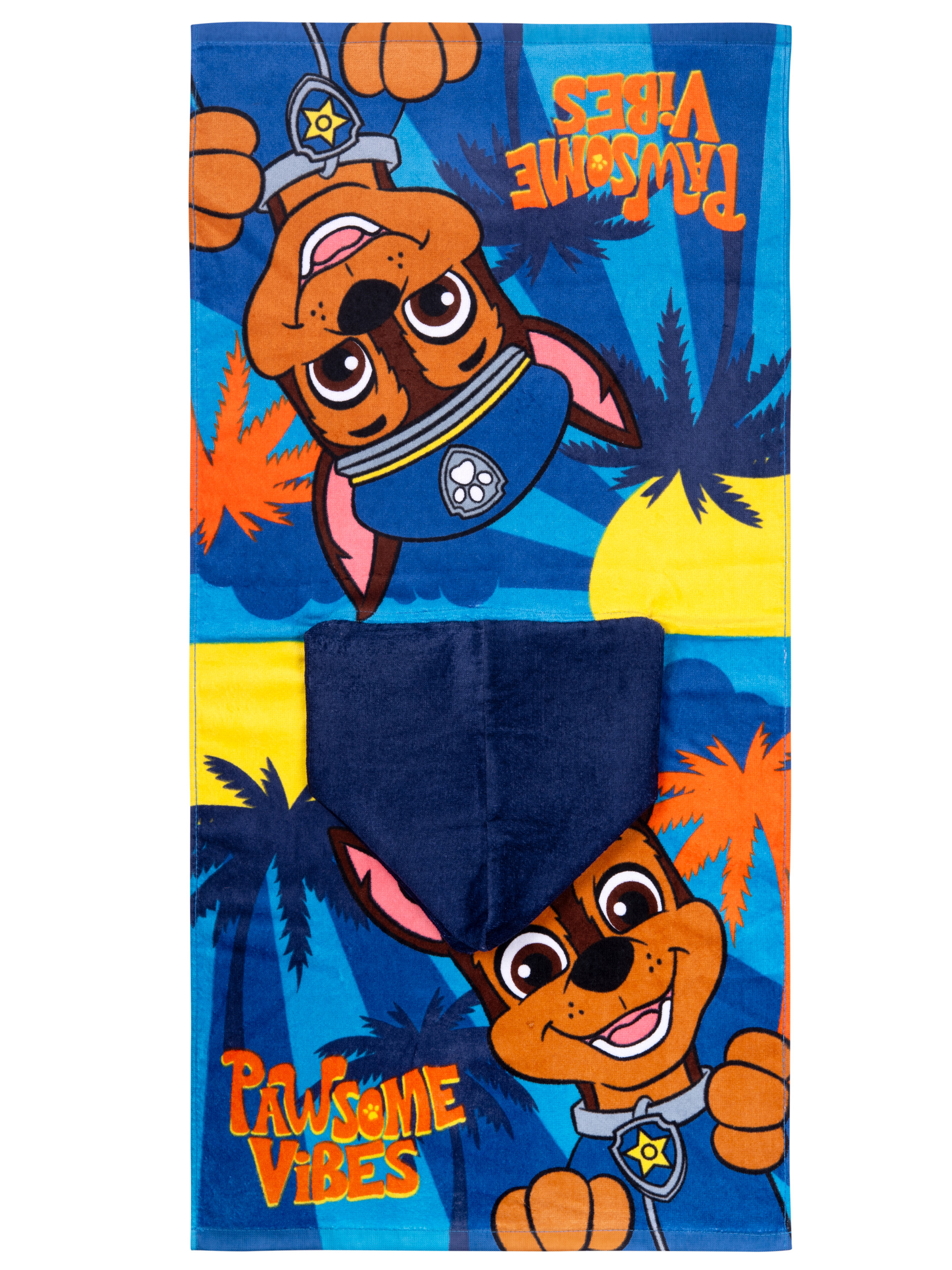 Blauer Badeponcho mit Paw Patrol Chase-Motiv, Palmen und Sonne.