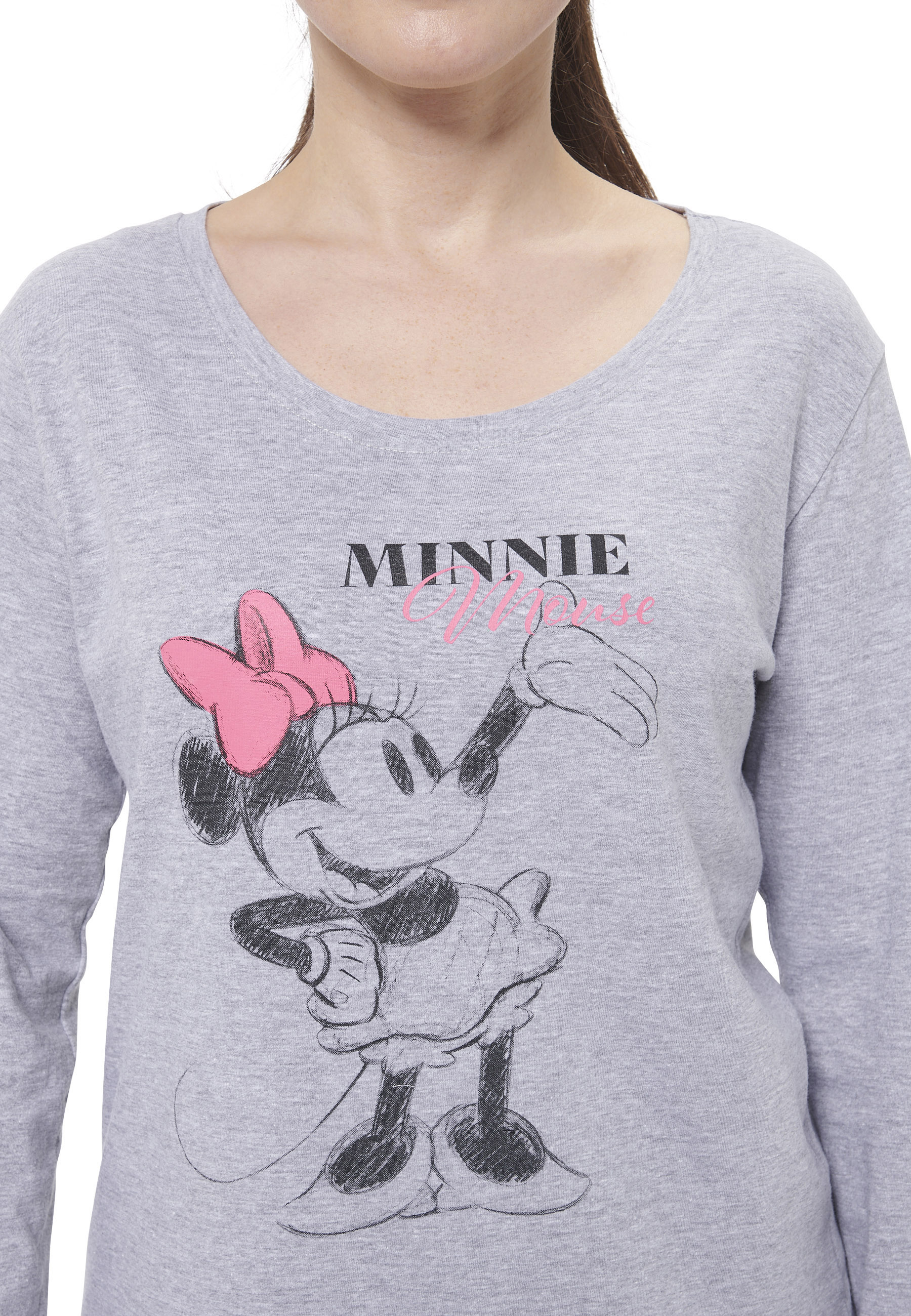 Grauer Pullover mit Minnie Maus-Aufdruck und rosa Schleife.