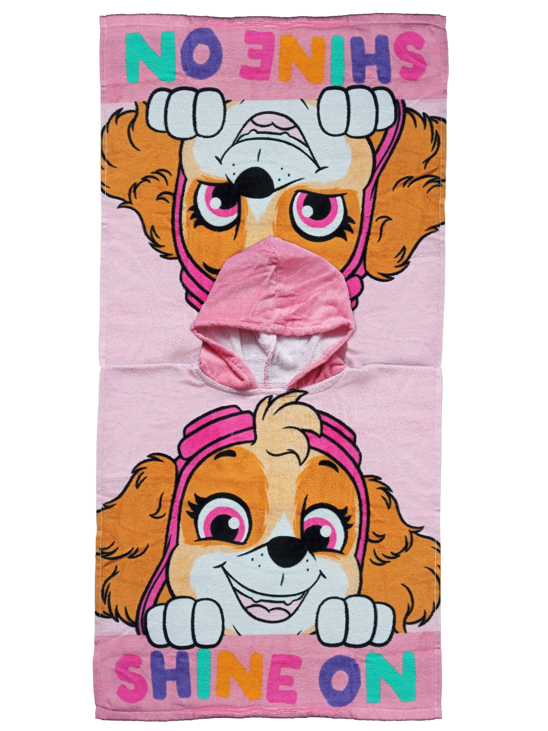 Ein rosa Poncho mit Skye von Paw Patrol, die "SHINE ON" sagt.