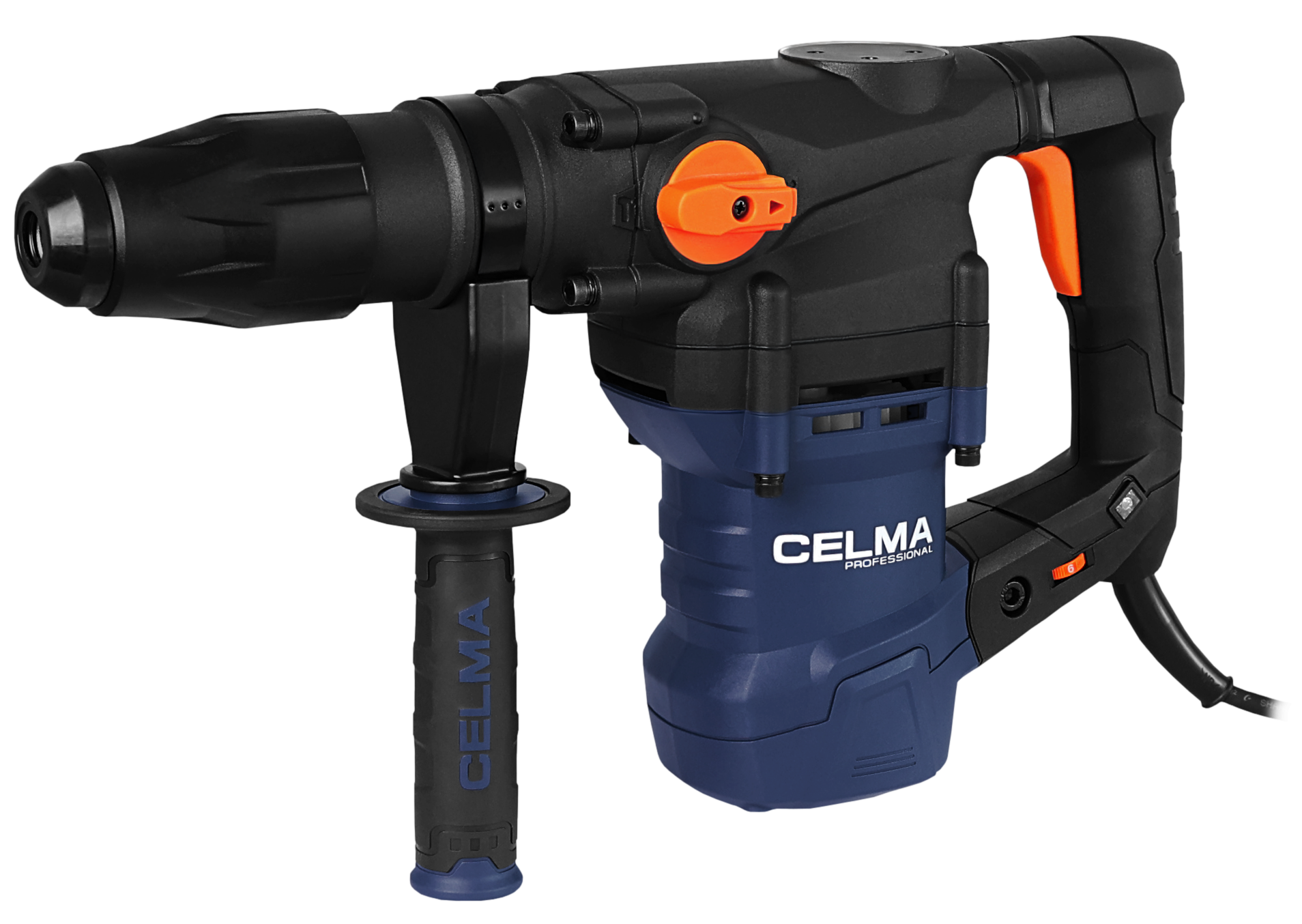 Czarny i niebieski młotowiertarka CELMA z pomarańczowym uchwytem i przełącznikiem.