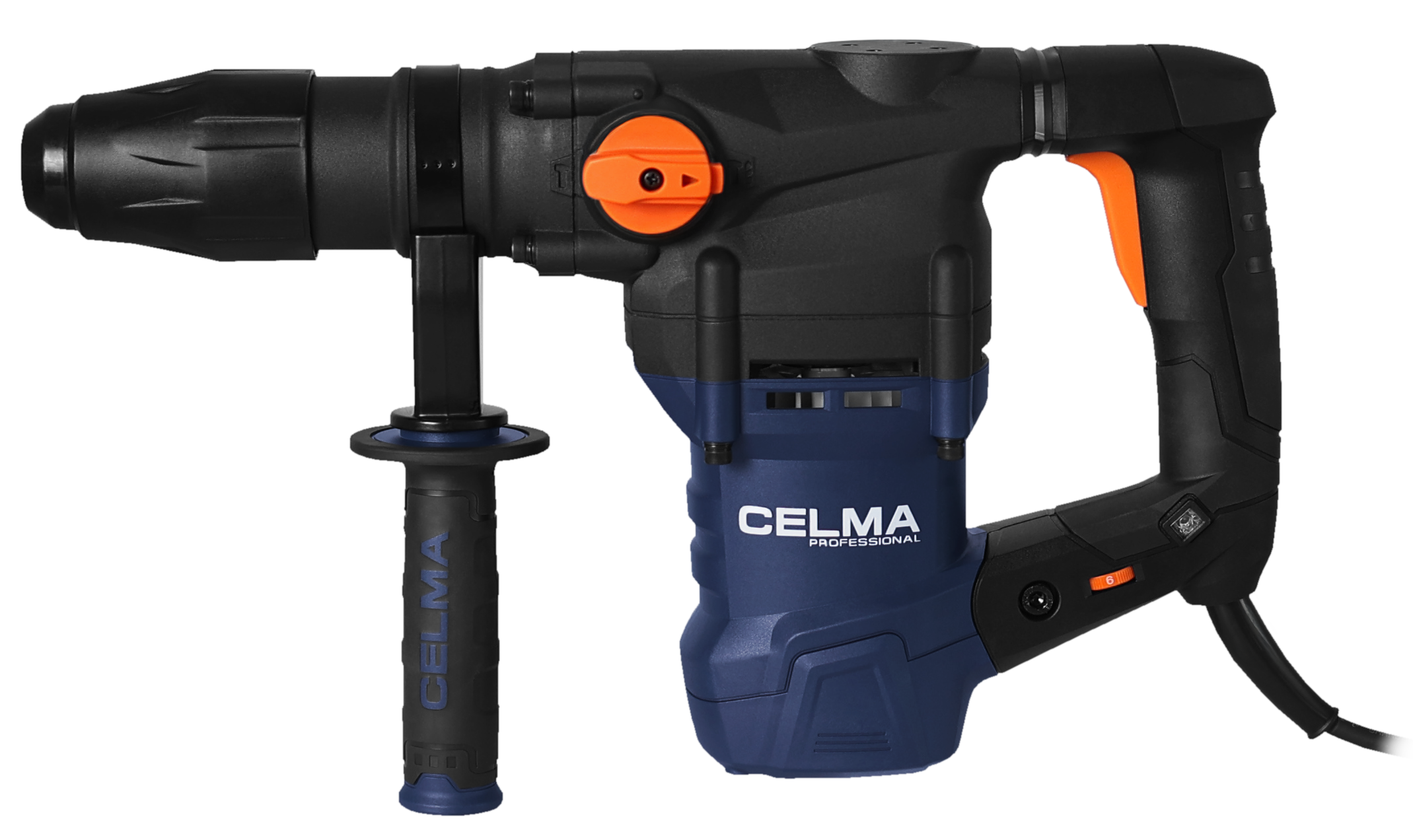 Czarny i niebieski młotowiertarka CELMA Professional z pomarańczowymi akcentami.