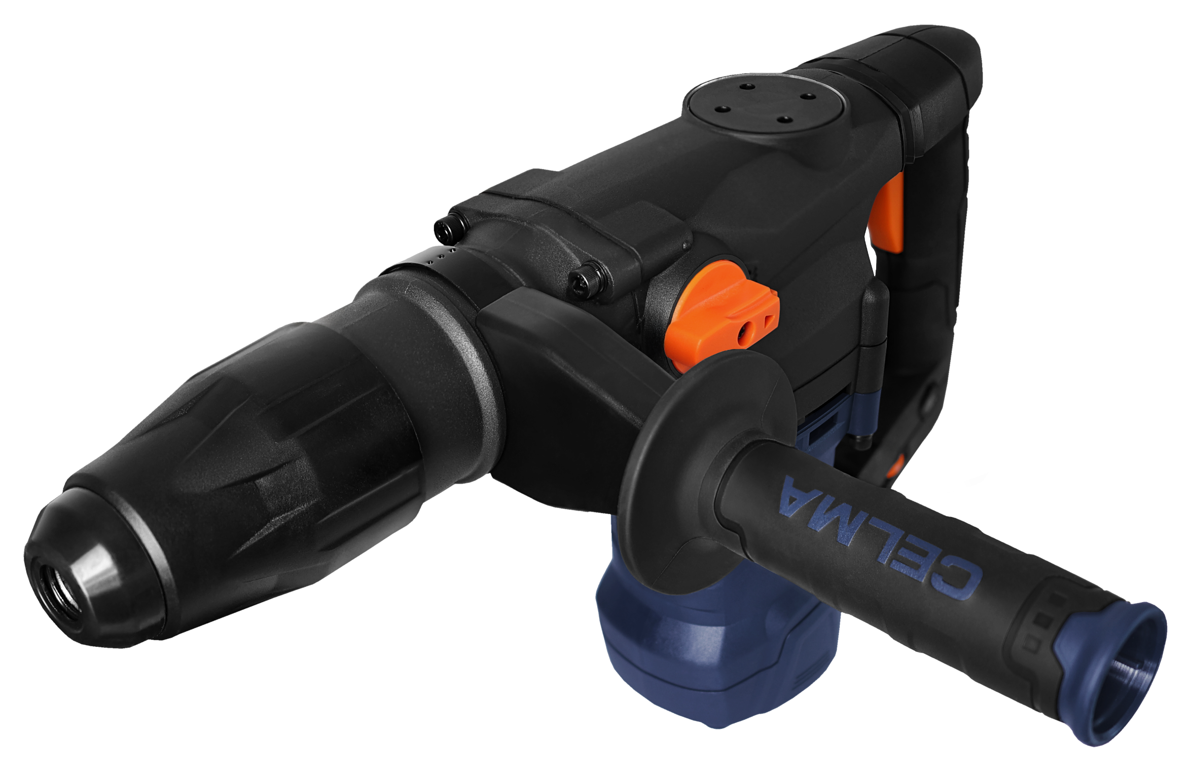 Czarny młot udarowo-obrotowy z pomarańczowymi akcentami i niebieskim uchwytem.