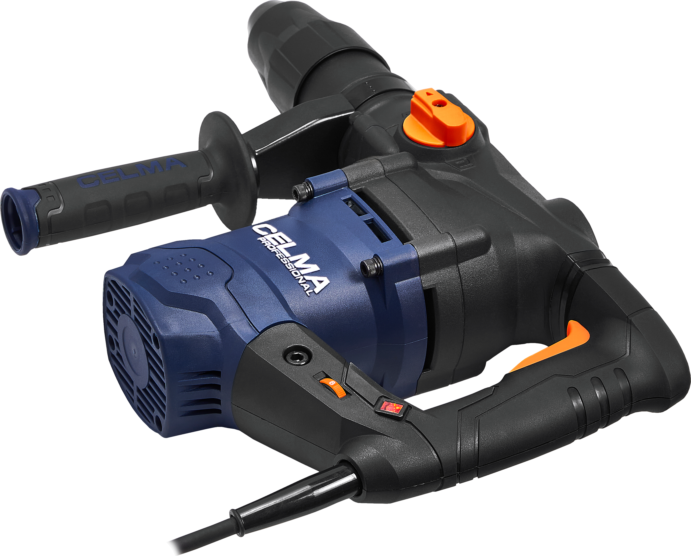 Niebiesko-czarny młot udarowy z pomarańczowymi akcentami na czarnym tle.