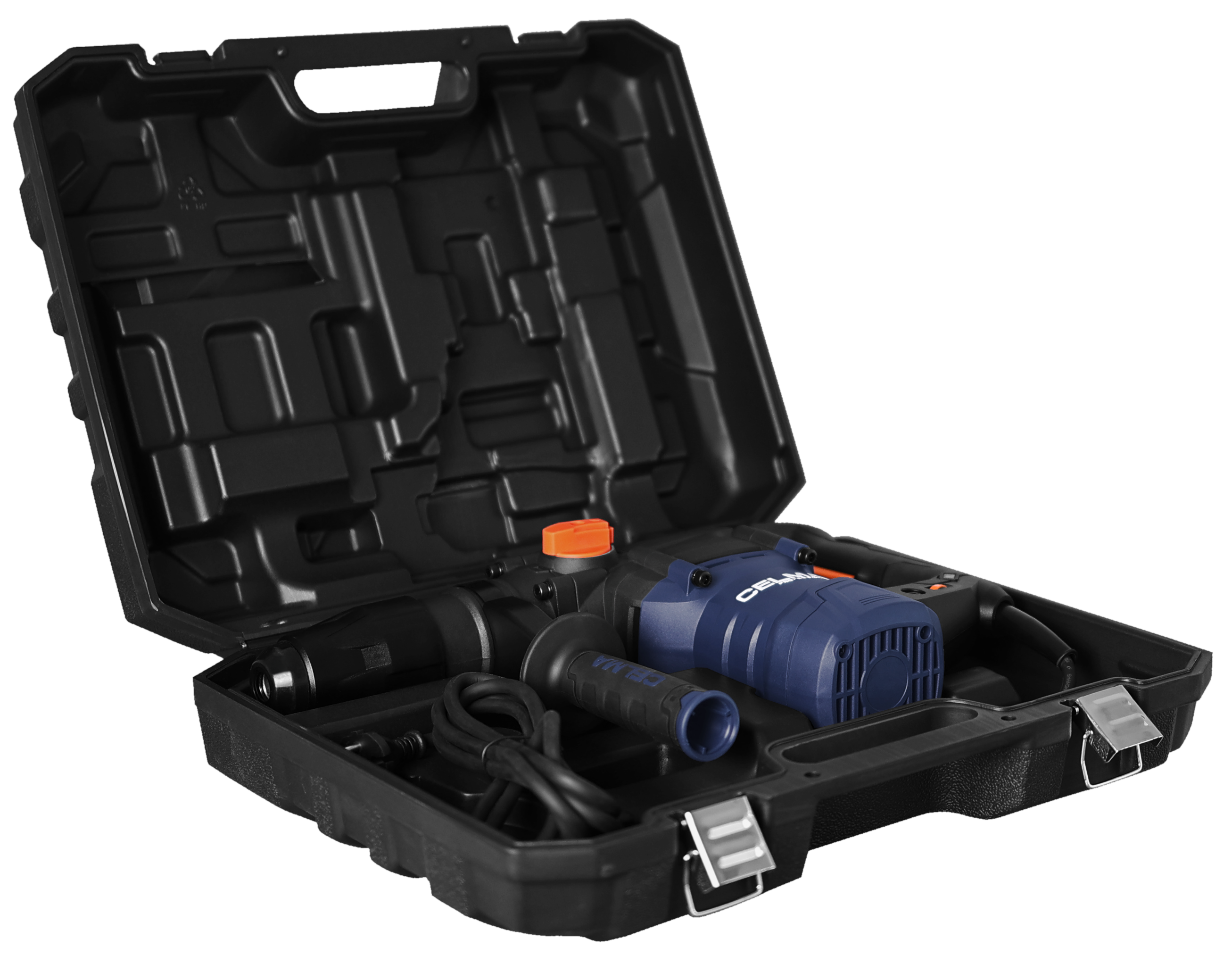 Niebieska wiertarka z akcesoriami w czarnej walizce.