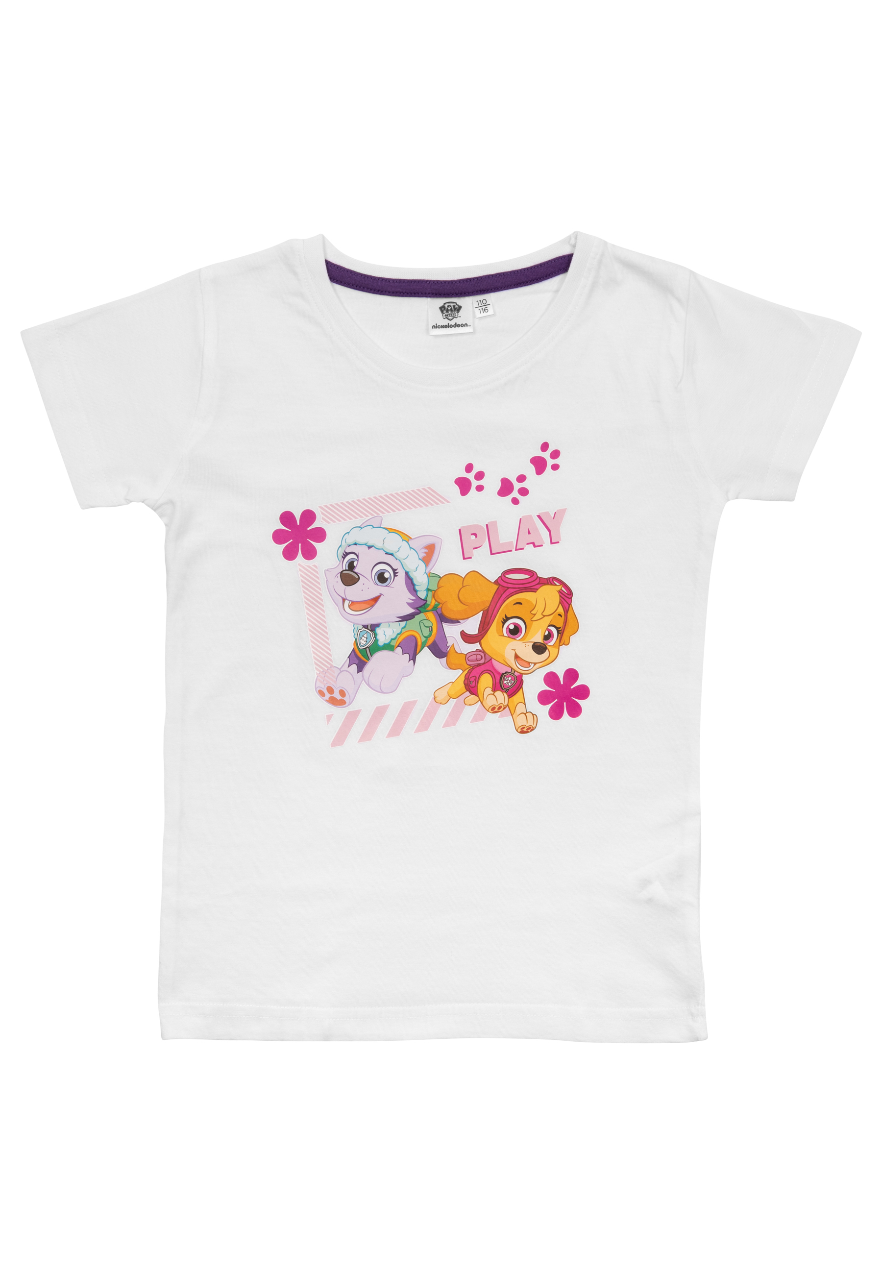 Weißes T-Shirt mit Paw Patrol Charakteren und der Aufschrift PLAY.
