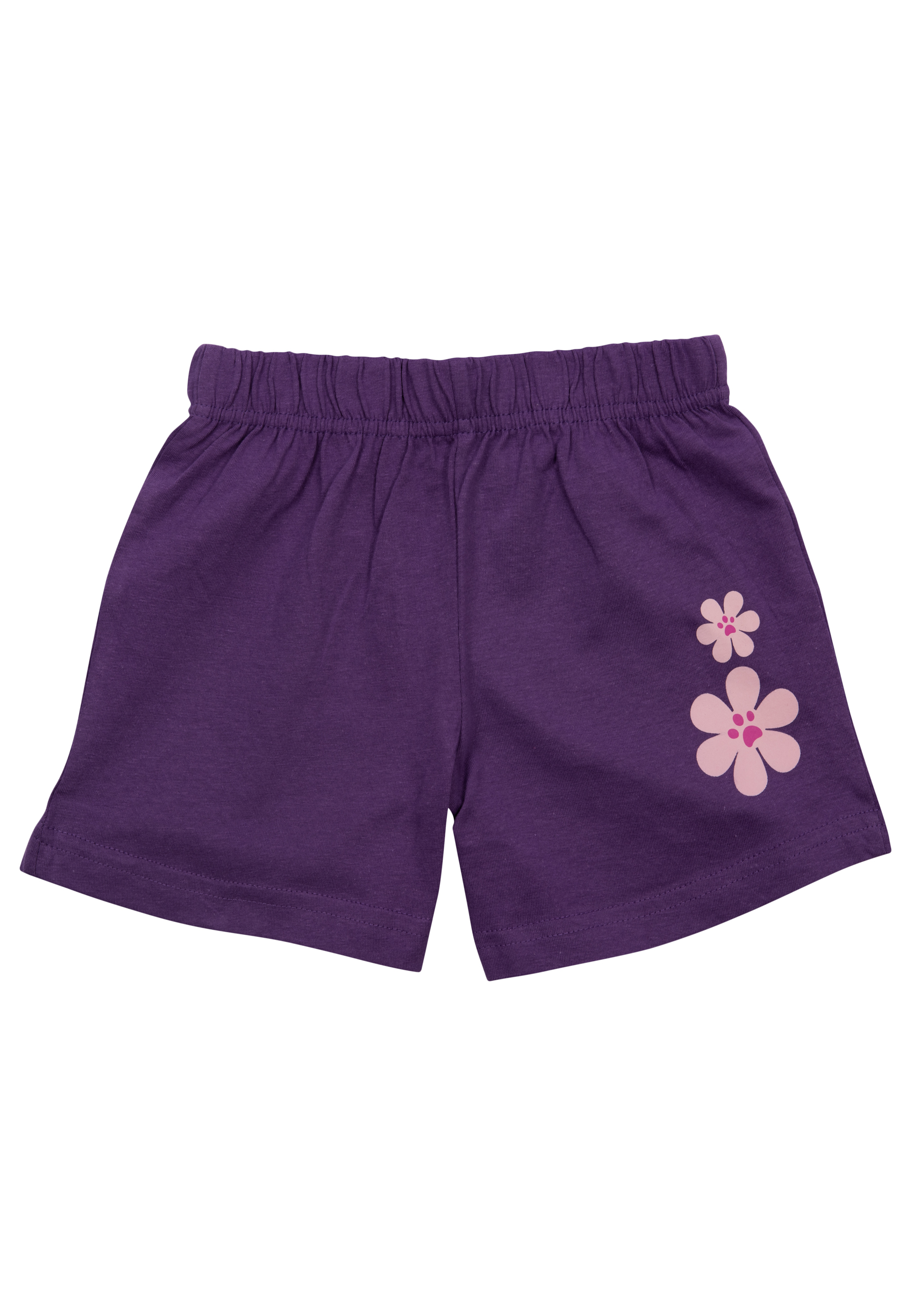 Lila kurze Hose mit Blumen-Aufdruck und Gummizugbund.