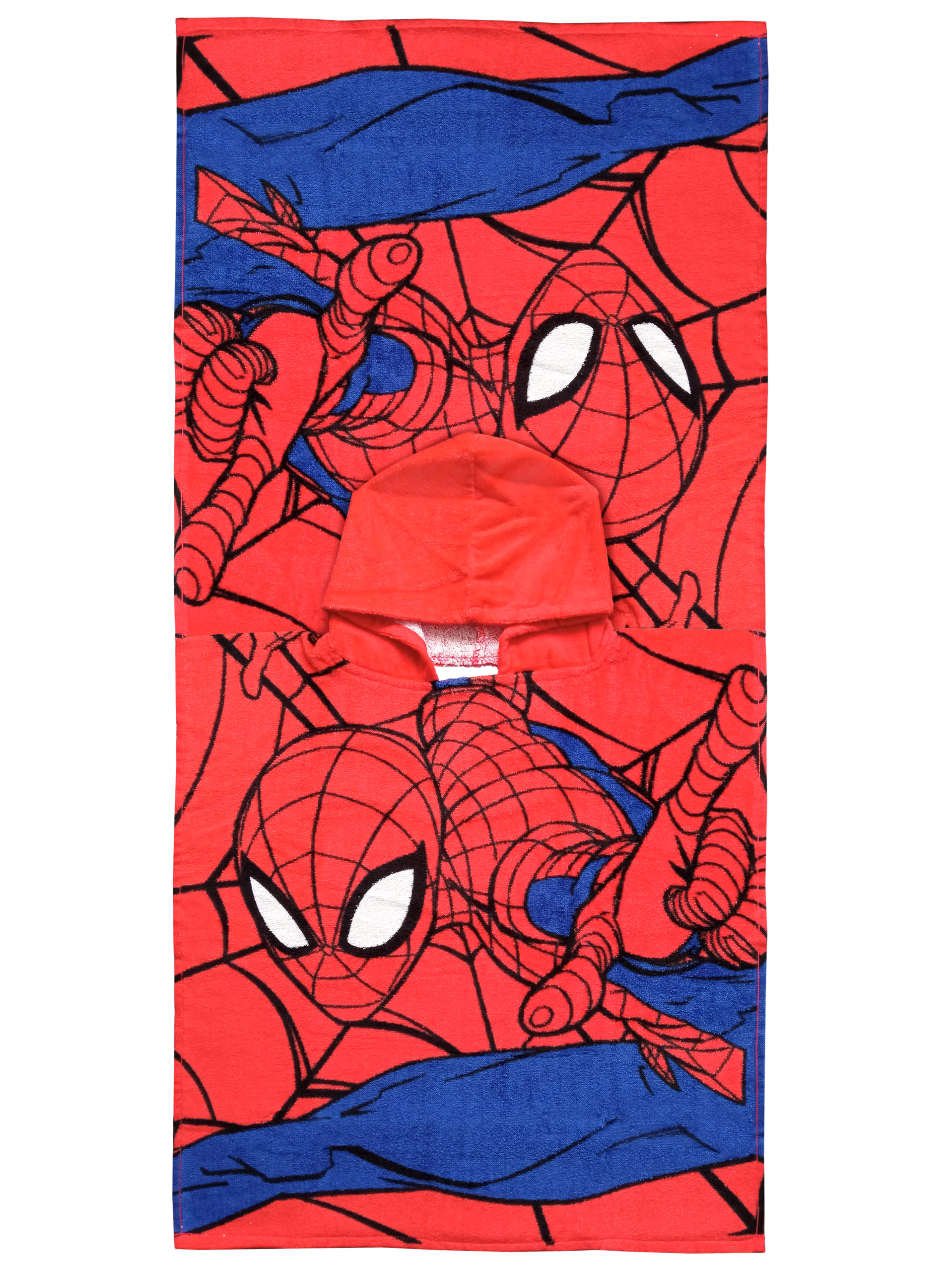 Rotes Poncho-Handtuch mit Spiderman-Motiv und blauen Akzenten.