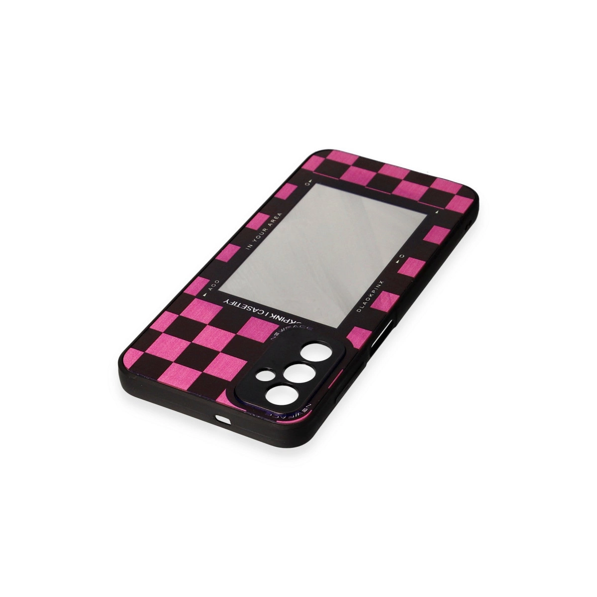 Pembe damalı ve aynalı siyah telefon kılıfı.