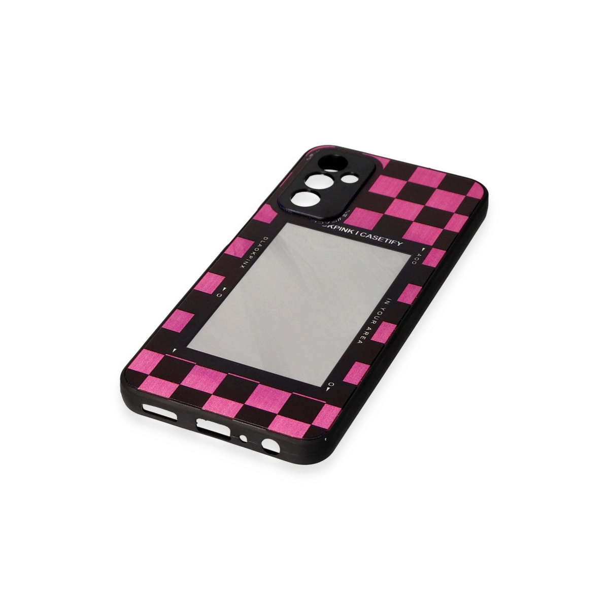 Ayna ve pembe dama tahtası desenli siyah telefon kılıfı.