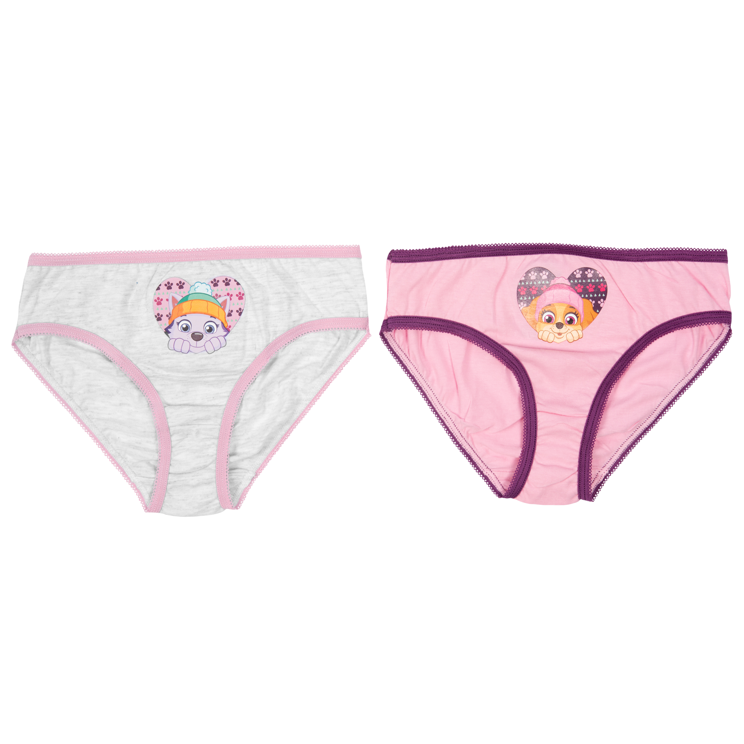 Zwei Kinderunterhosen mit Paw-Patrol-Motiven auf grauem und pinkem Stoff.