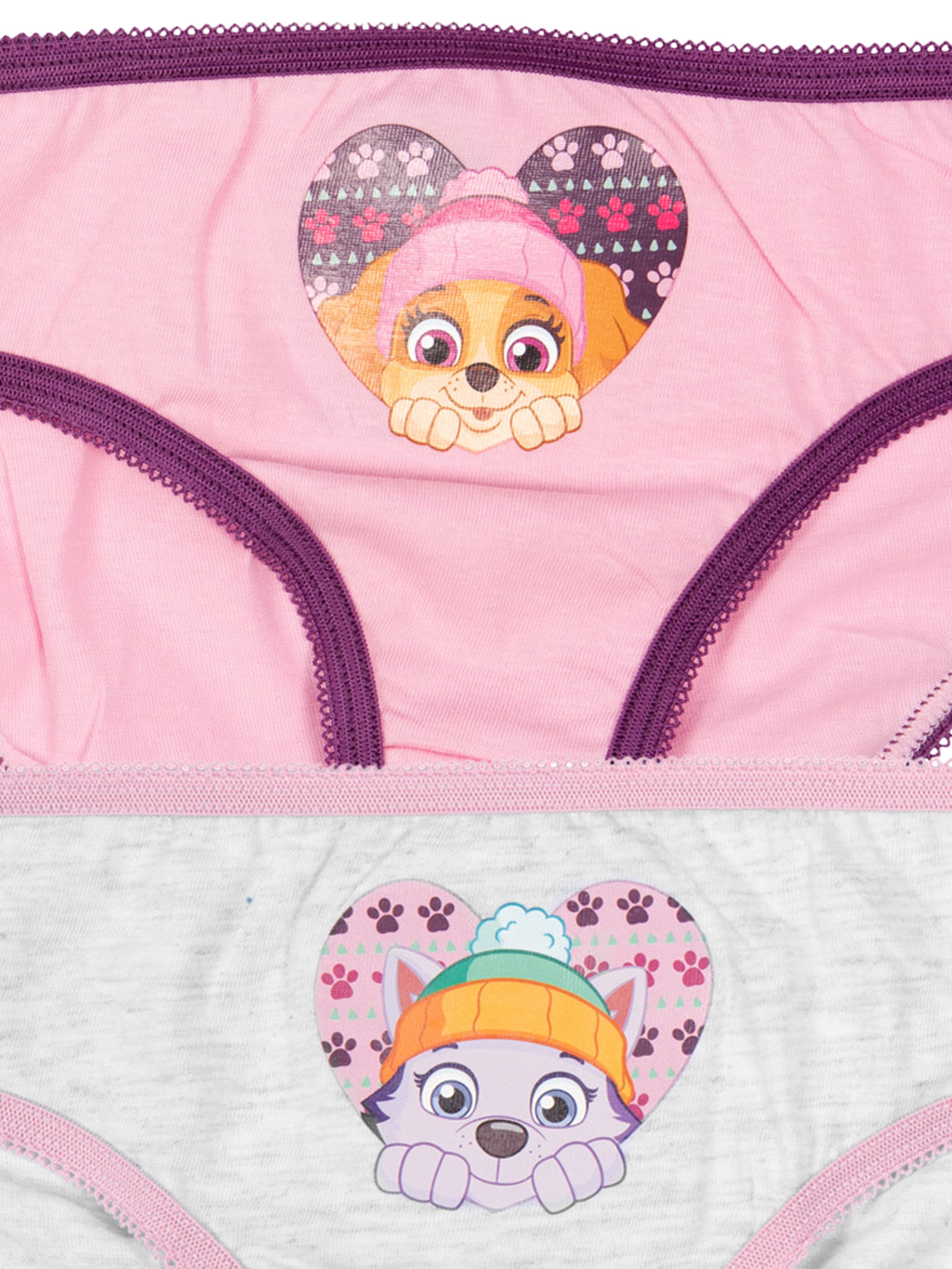 Zwei Unterhosen mit Paw Patrol-Motiven. Rosa mit Skye, grau mit Everest.