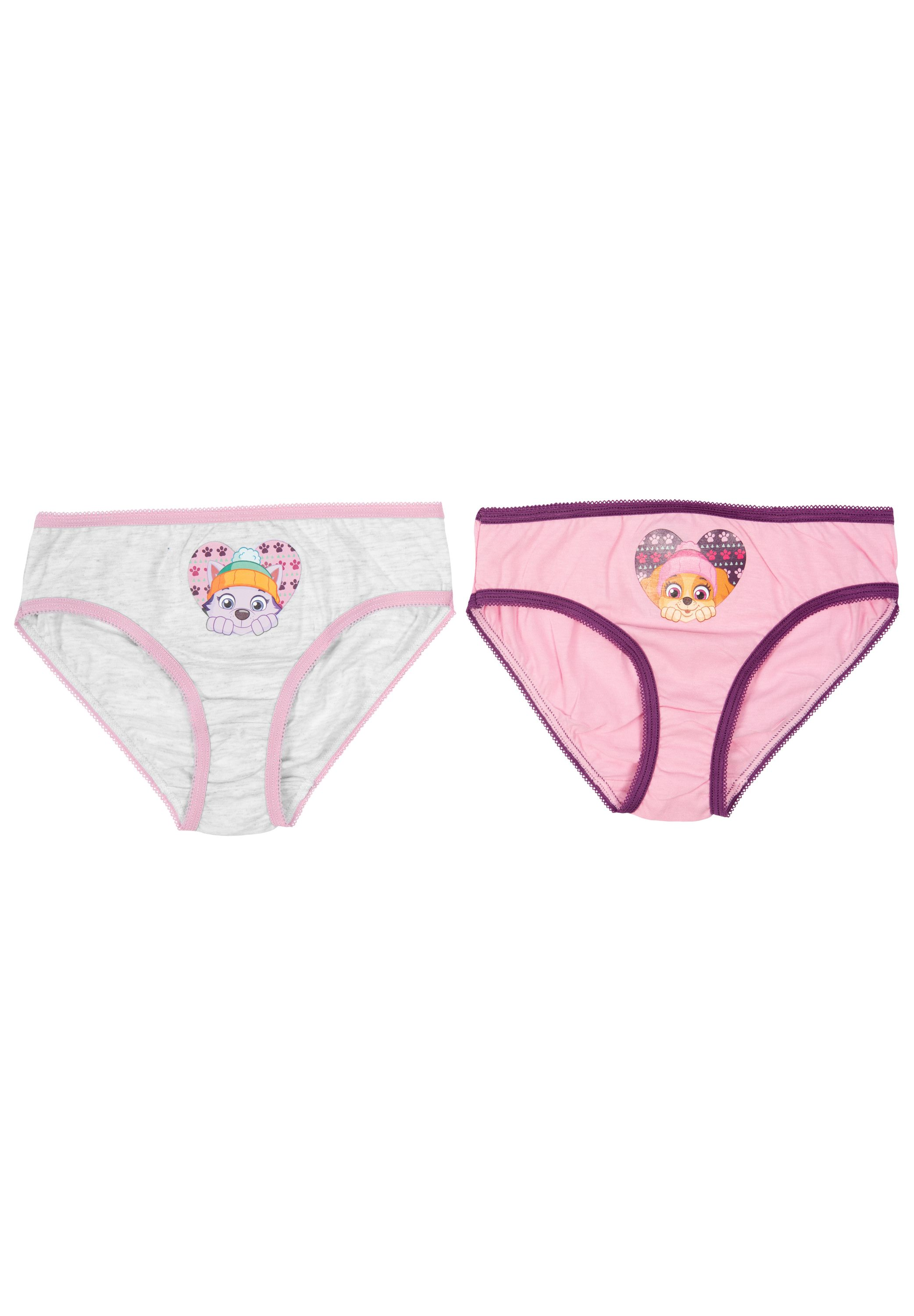 Zwei Kinderhöschen, eins grau mit Hund, eins rosa mit Hund.