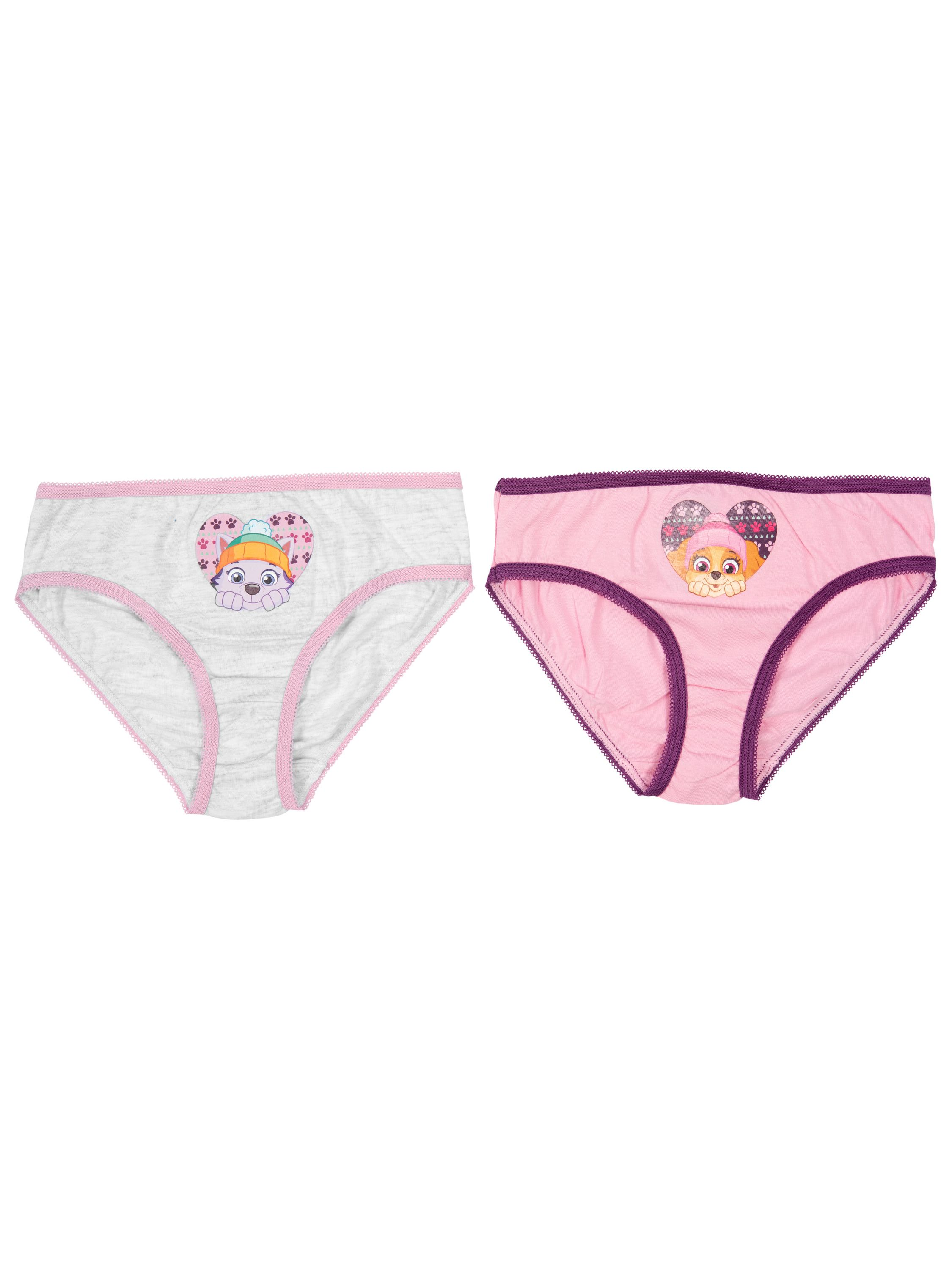 Zwei Kinderunterhosen mit Paw Patrol-Motiven. Eine graue mit Skye, eine pinke mit Everest.