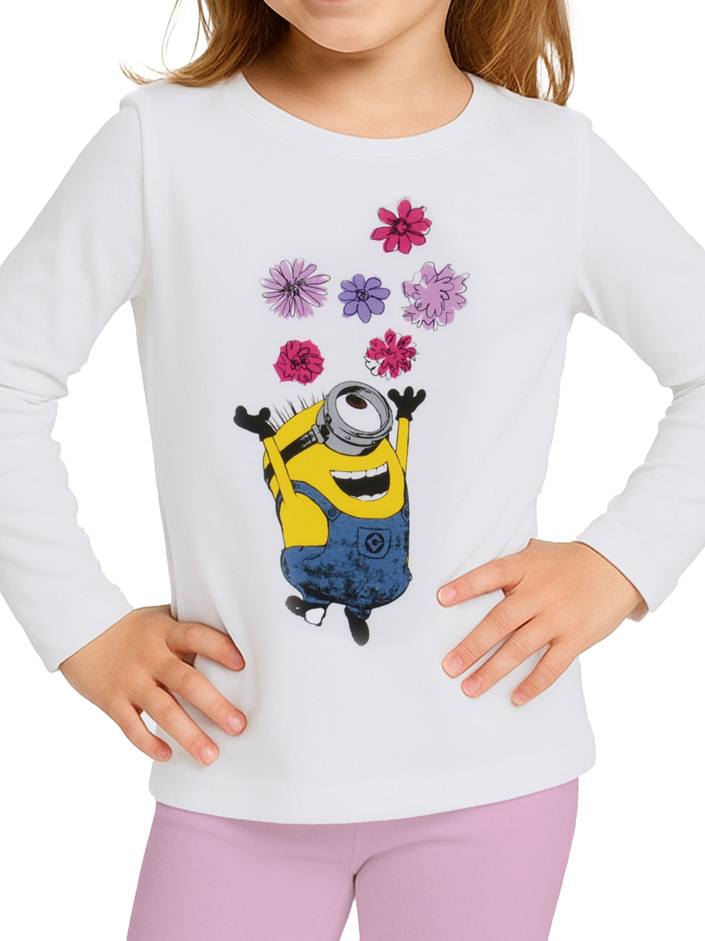 Ein Minion mit Blumen auf einem weißen Langarmshirt.