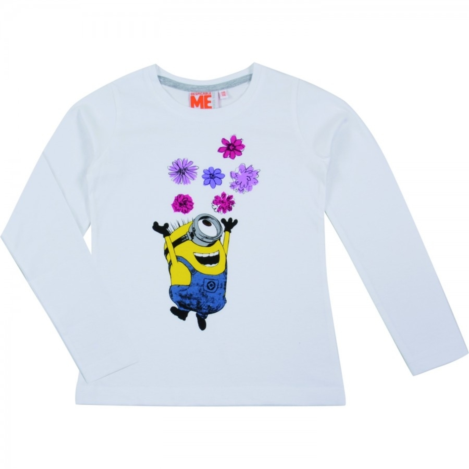Weißes Kinder-T-Shirt mit einem Minion, der Blumen wirft.