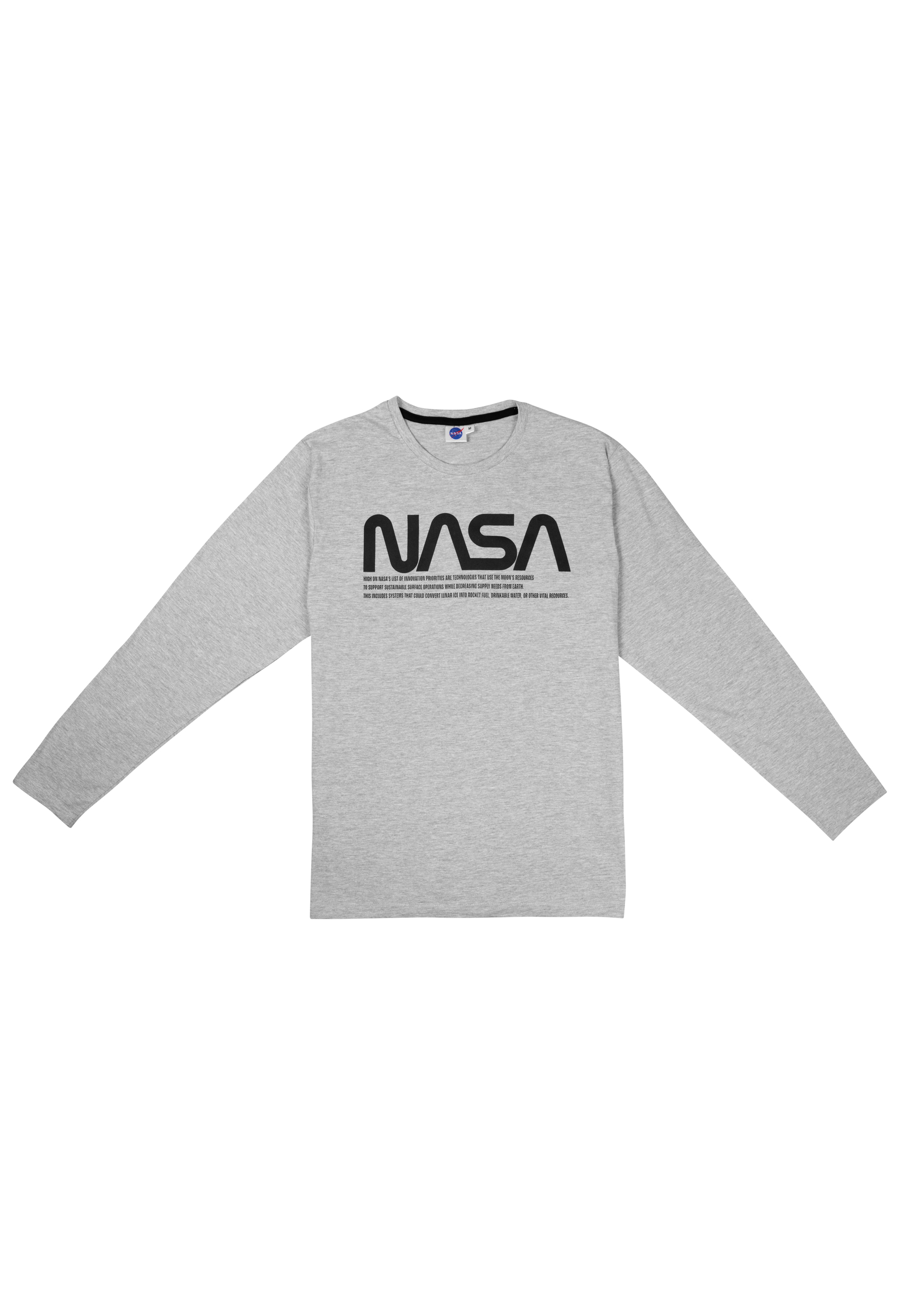 Graues Langarmshirt mit schwarzem NASA-Logo und Text.