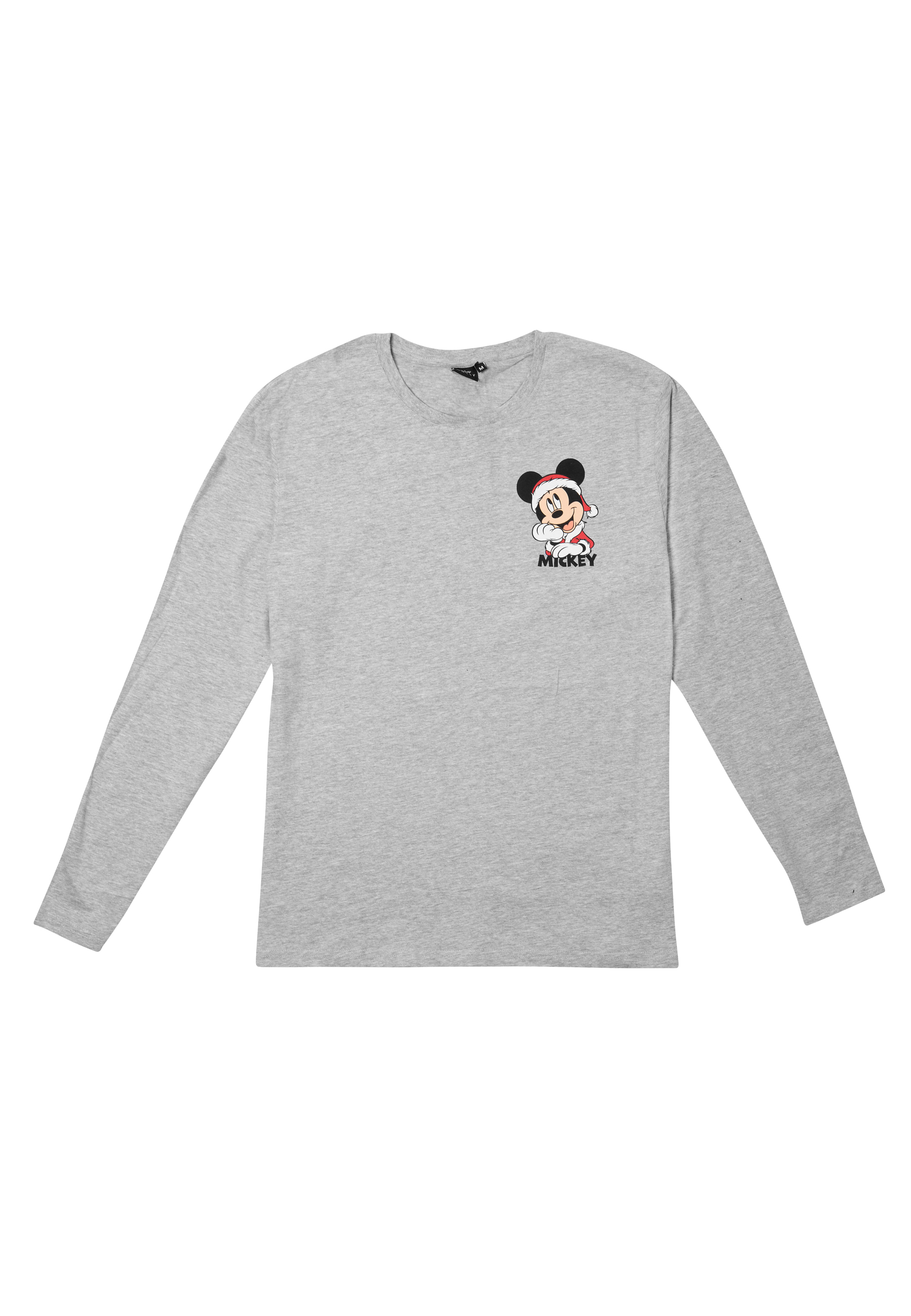 Graues Langarmshirt mit Mickey-Maus-Aufdruck in Weihnachtsmann-Montur.