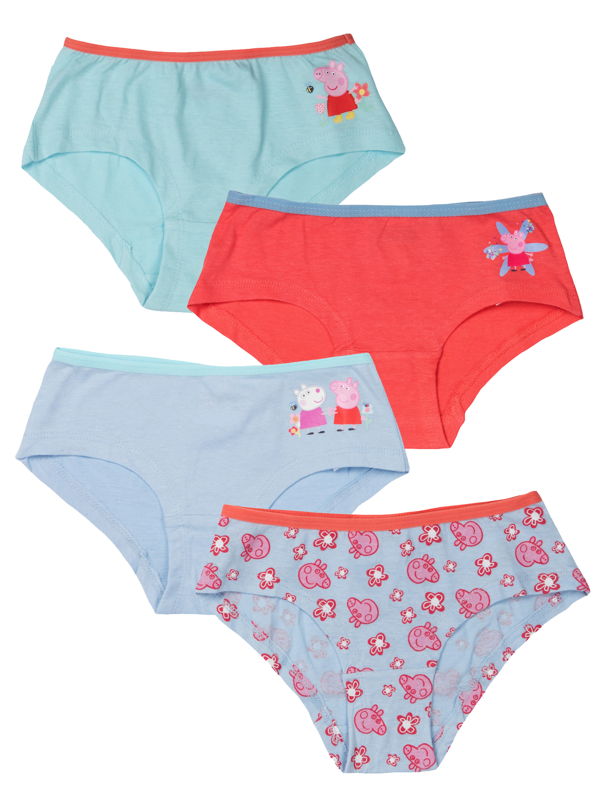 Vier bunte Slips mit Peppa Wutz-Motiv, auf weißem Hintergrund.