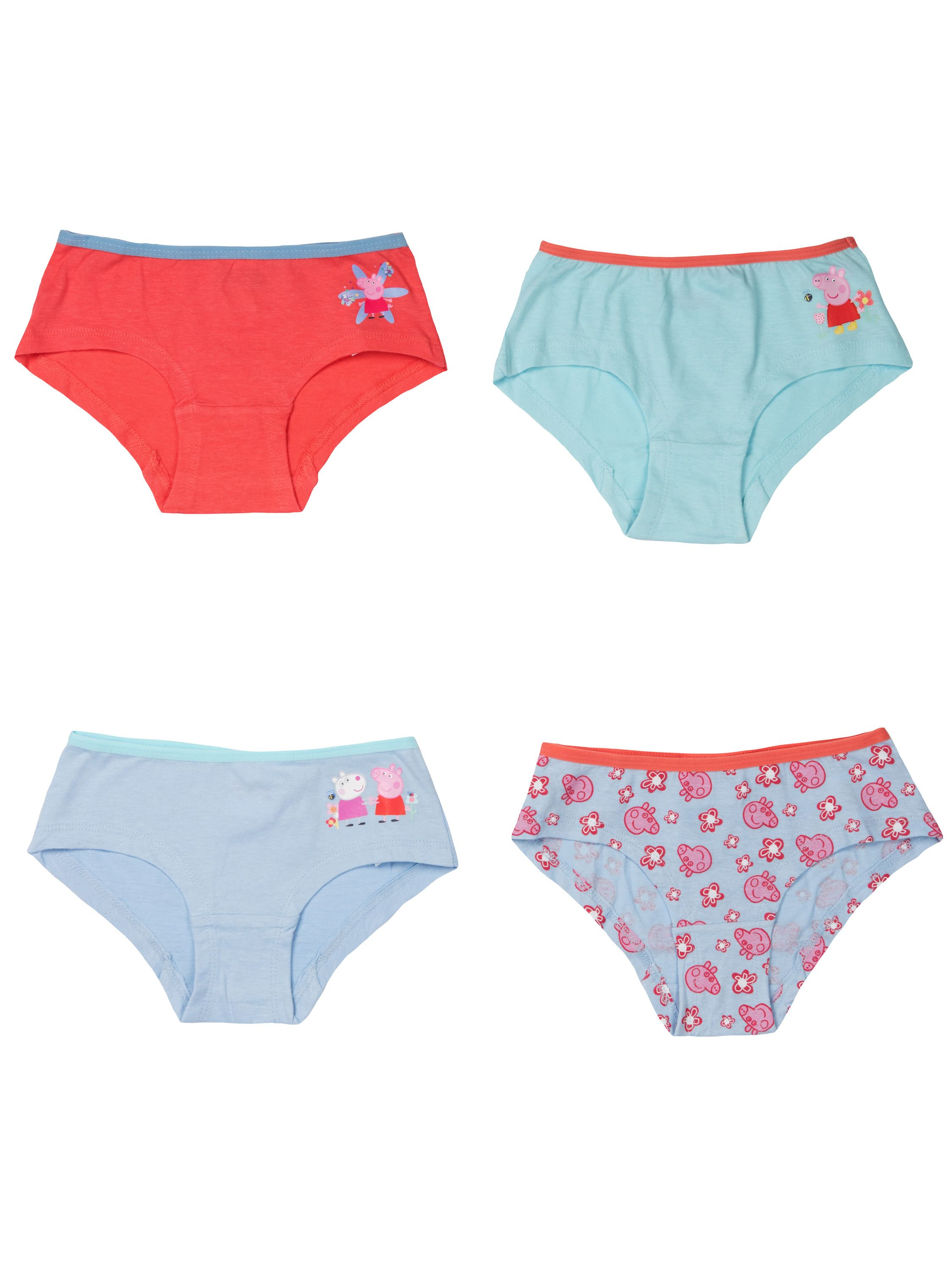 Vier Unterhosen mit Peppa Wutz-Motiv, rot, hellblau und hellblau.