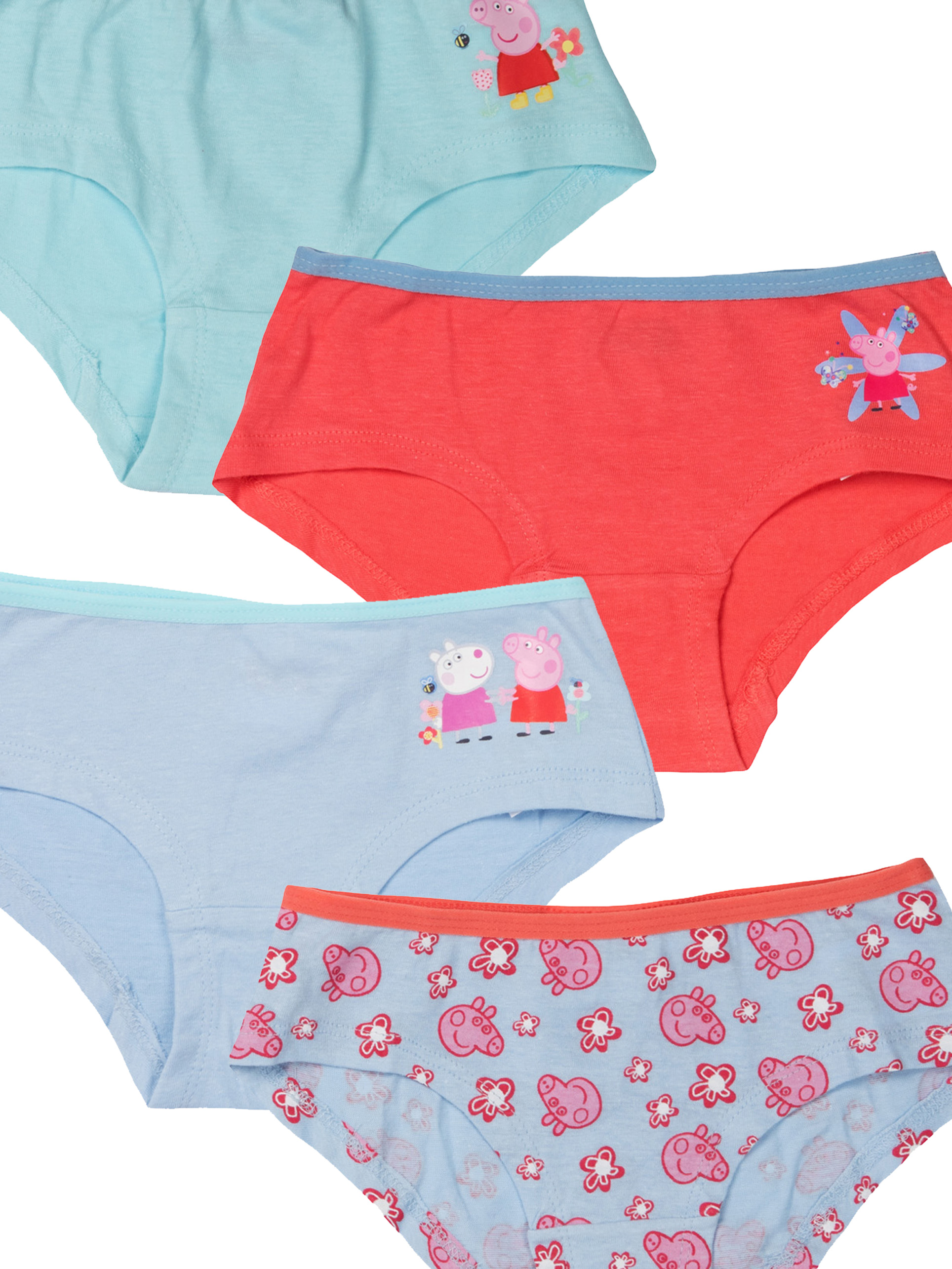 Vier Unterhosen mit Peppa Wutz-Motiv, hellblau und koralle.