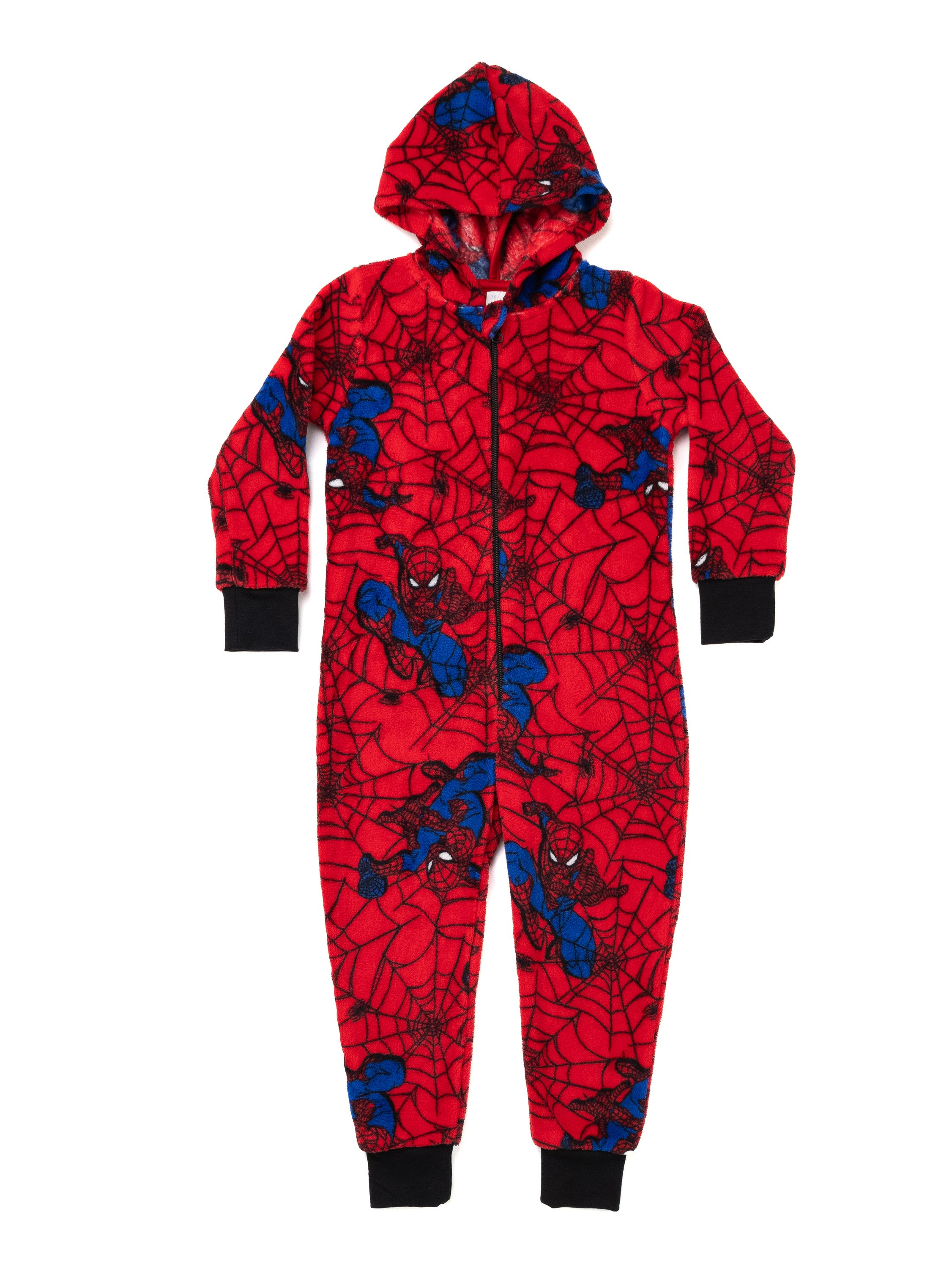 Roter Schlafanzug mit Spiderman-Print und Spinnennetzen. Mit Kapuze.