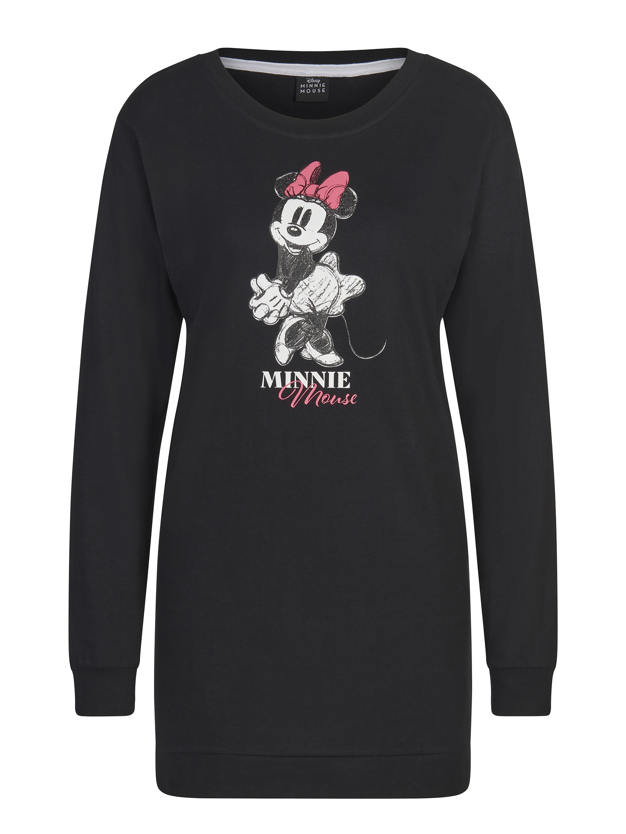 Schwarzer Pullover mit Minnie Maus-Aufdruck und Schleife.