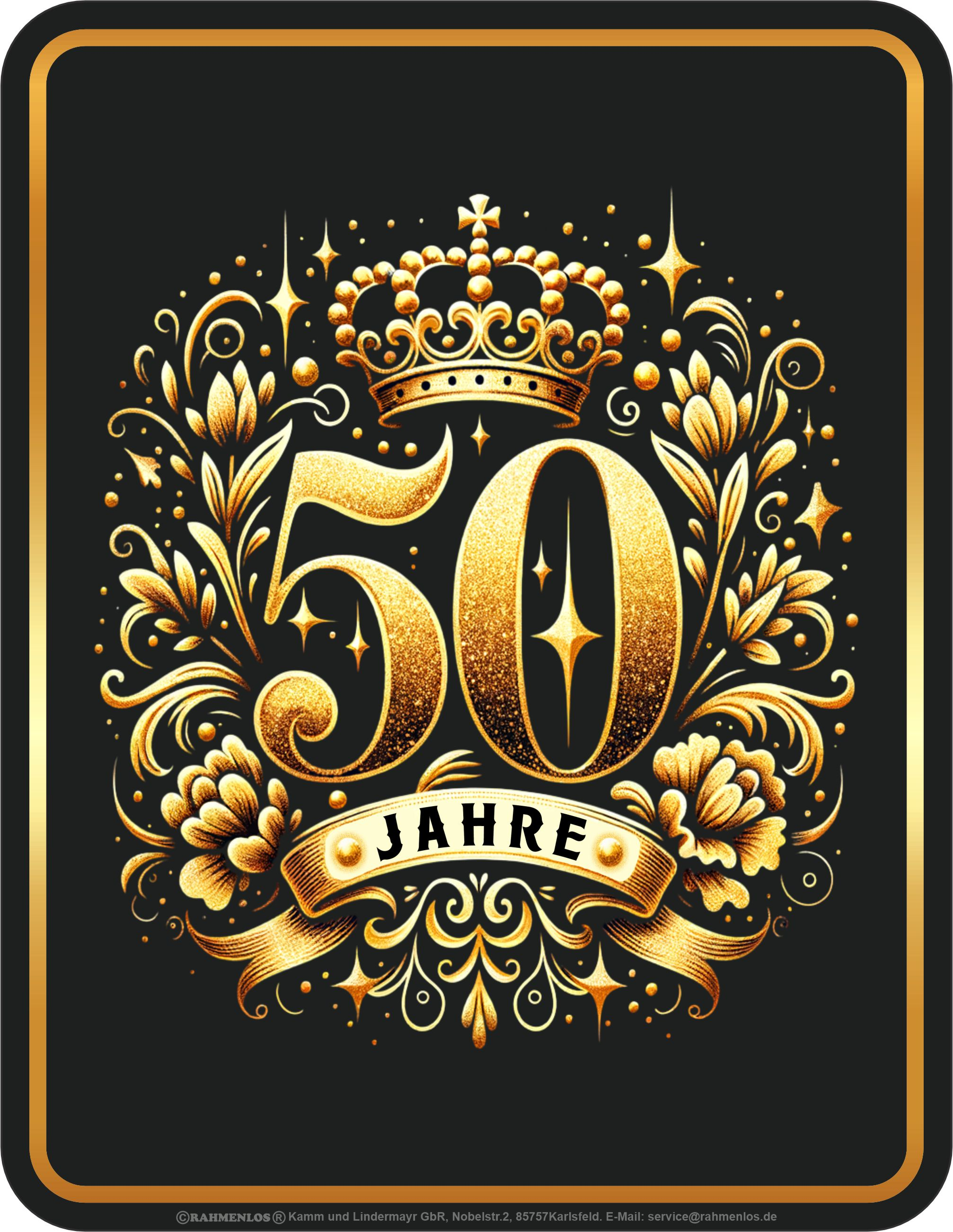 Goldene 50 mit Krone und Blumen, auf schwarzem Grund.