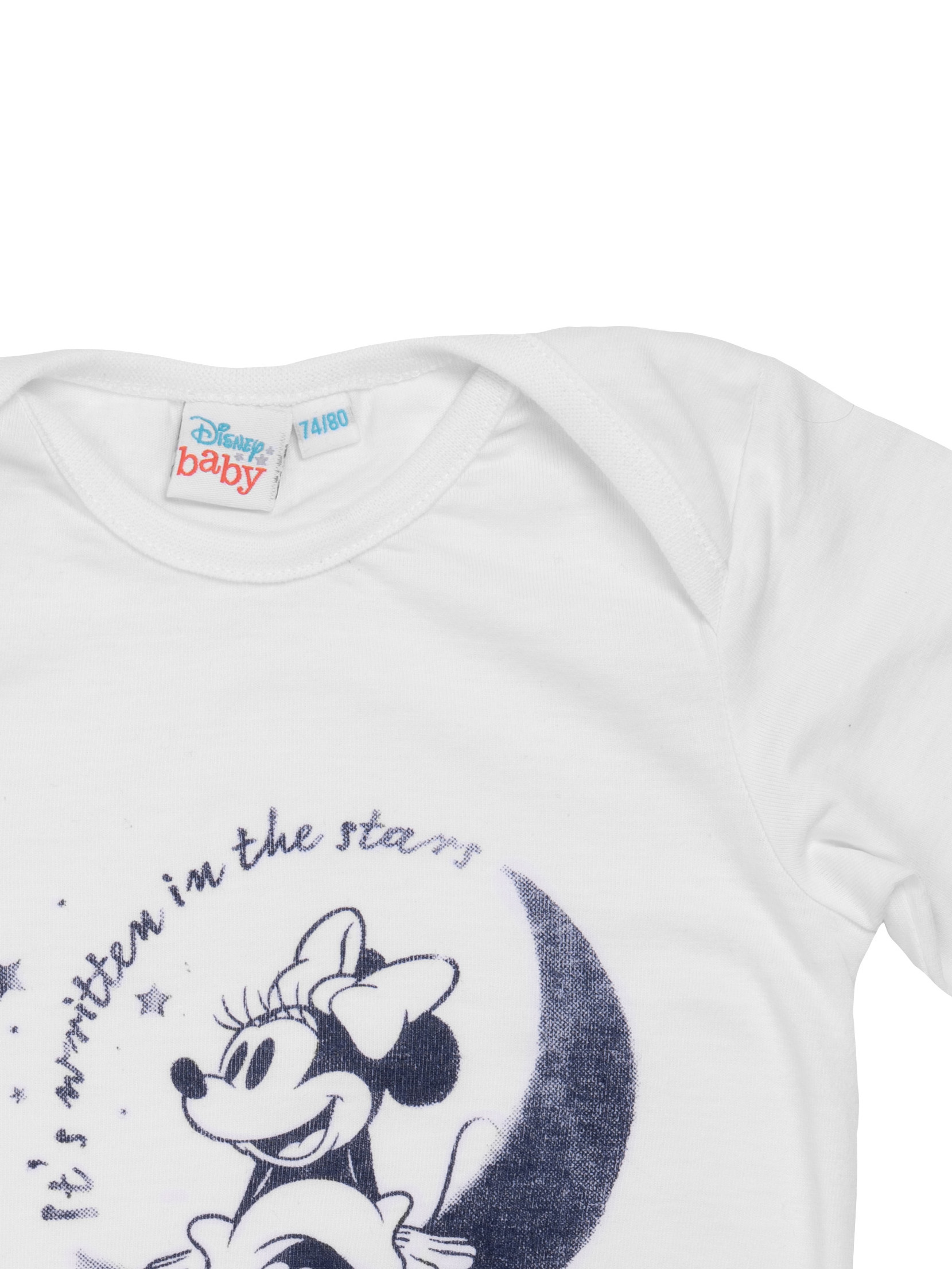 Ein weißes Baby-T-Shirt mit Minnie Maus auf dem Mond und den Worten 'It's written in the stars'.