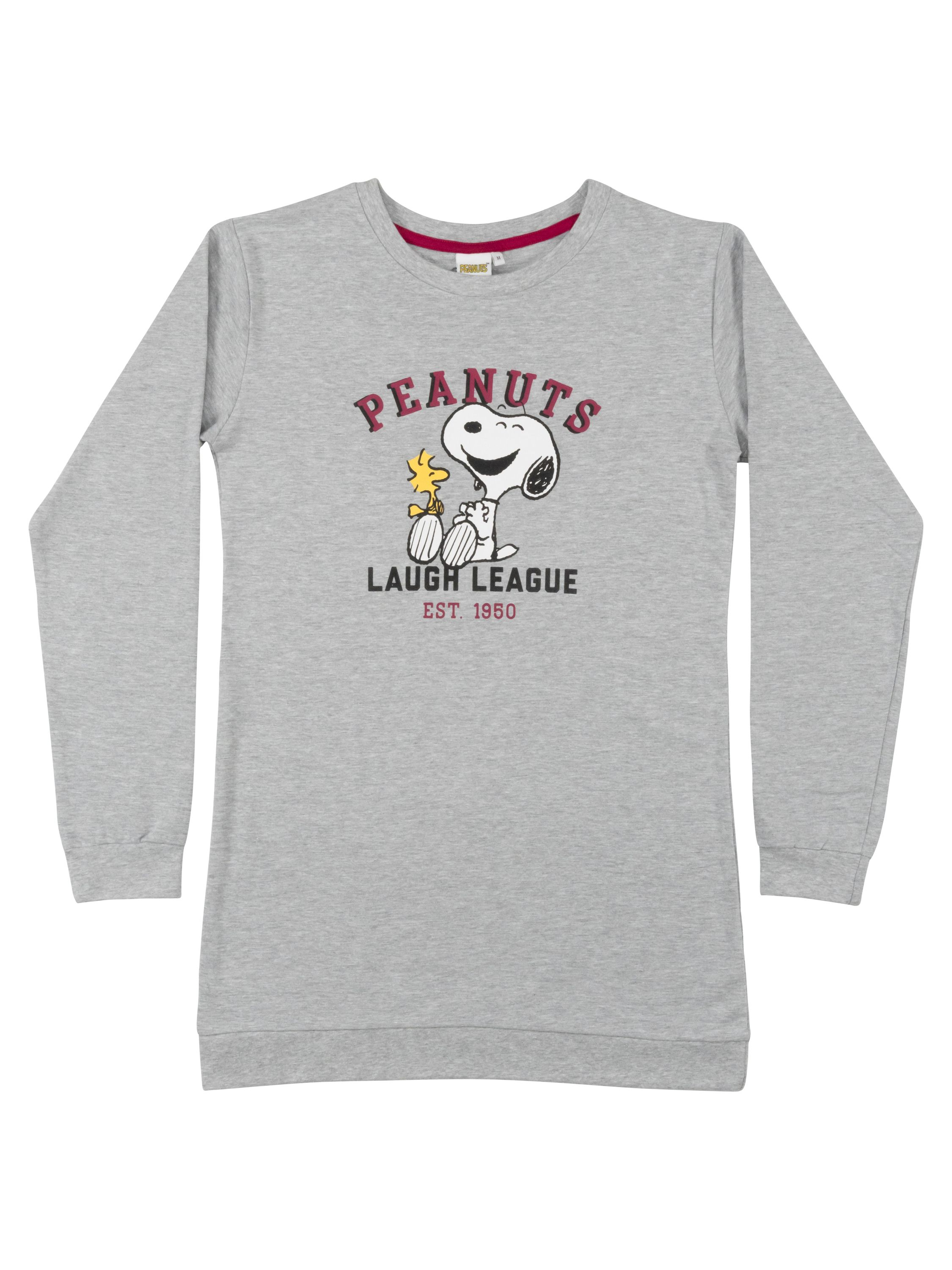 Grauer Pullover mit Snoopy und Woodstock, Schriftzug PEANUTS LAUGH LEAGUE