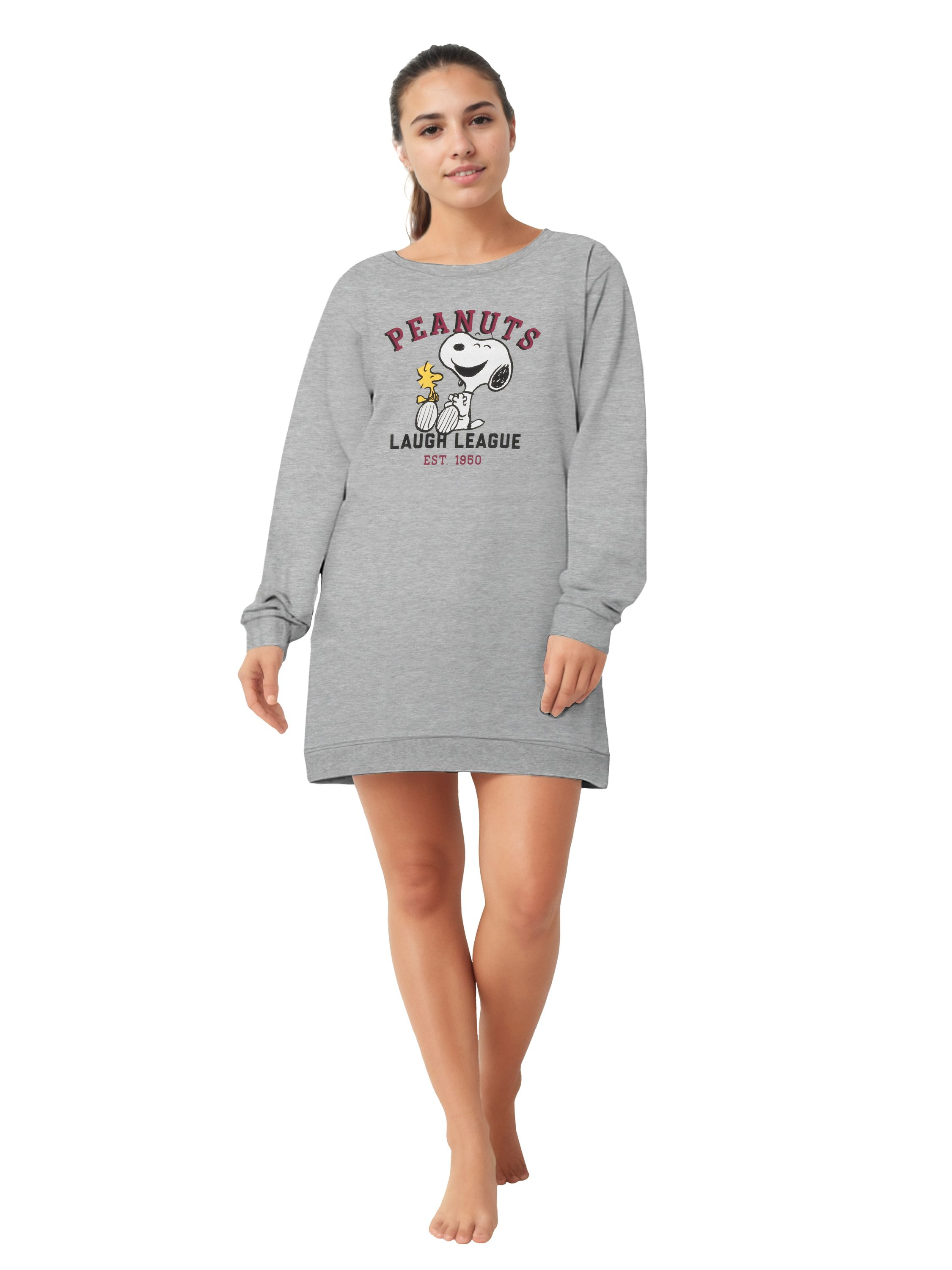 Graues Sweatkleid mit Snoopy-Aufdruck auf der Vorderseite.