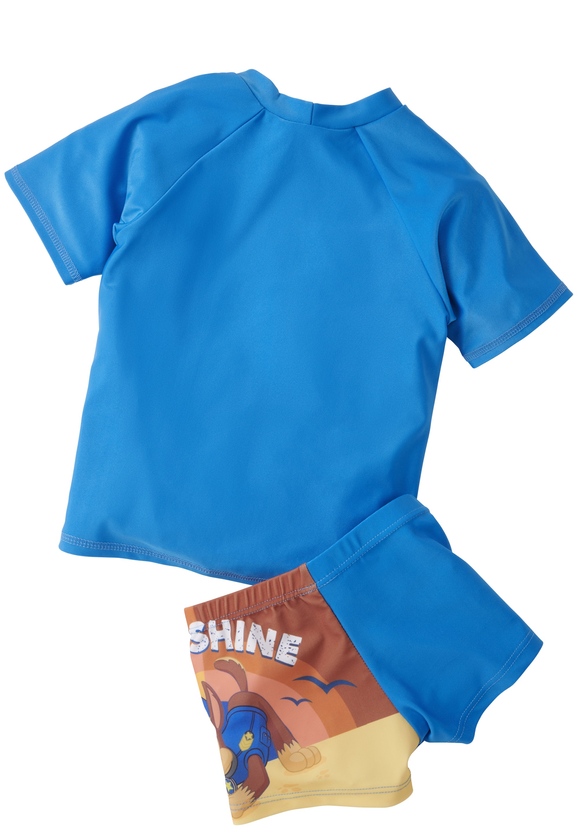 Ein blauer UV-Schutz-Badeanzug mit einem Hund auf der Hose.