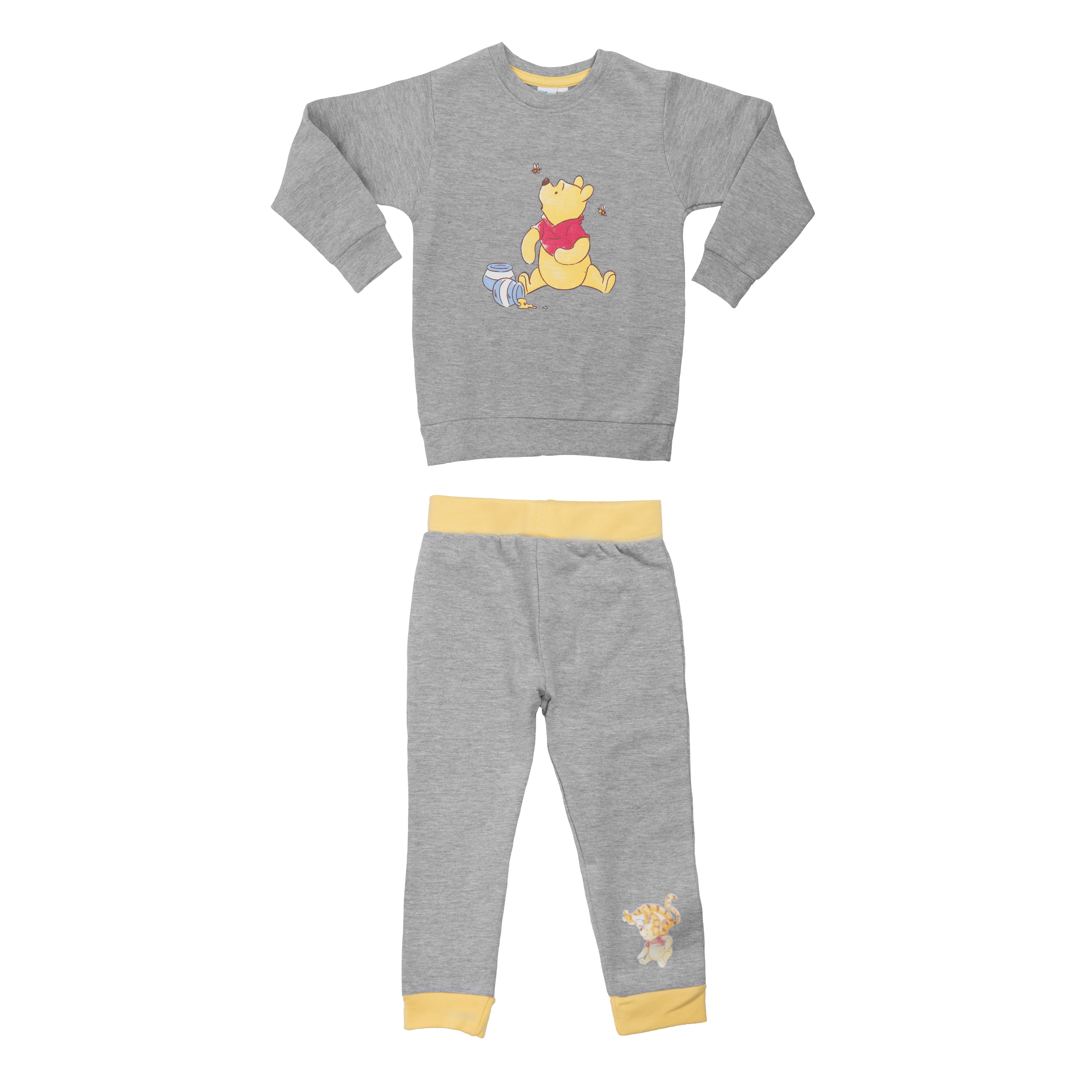 Grauer Winnie Puuh Jogginganzug mit gelben Bündchen und Bienenmotiv.