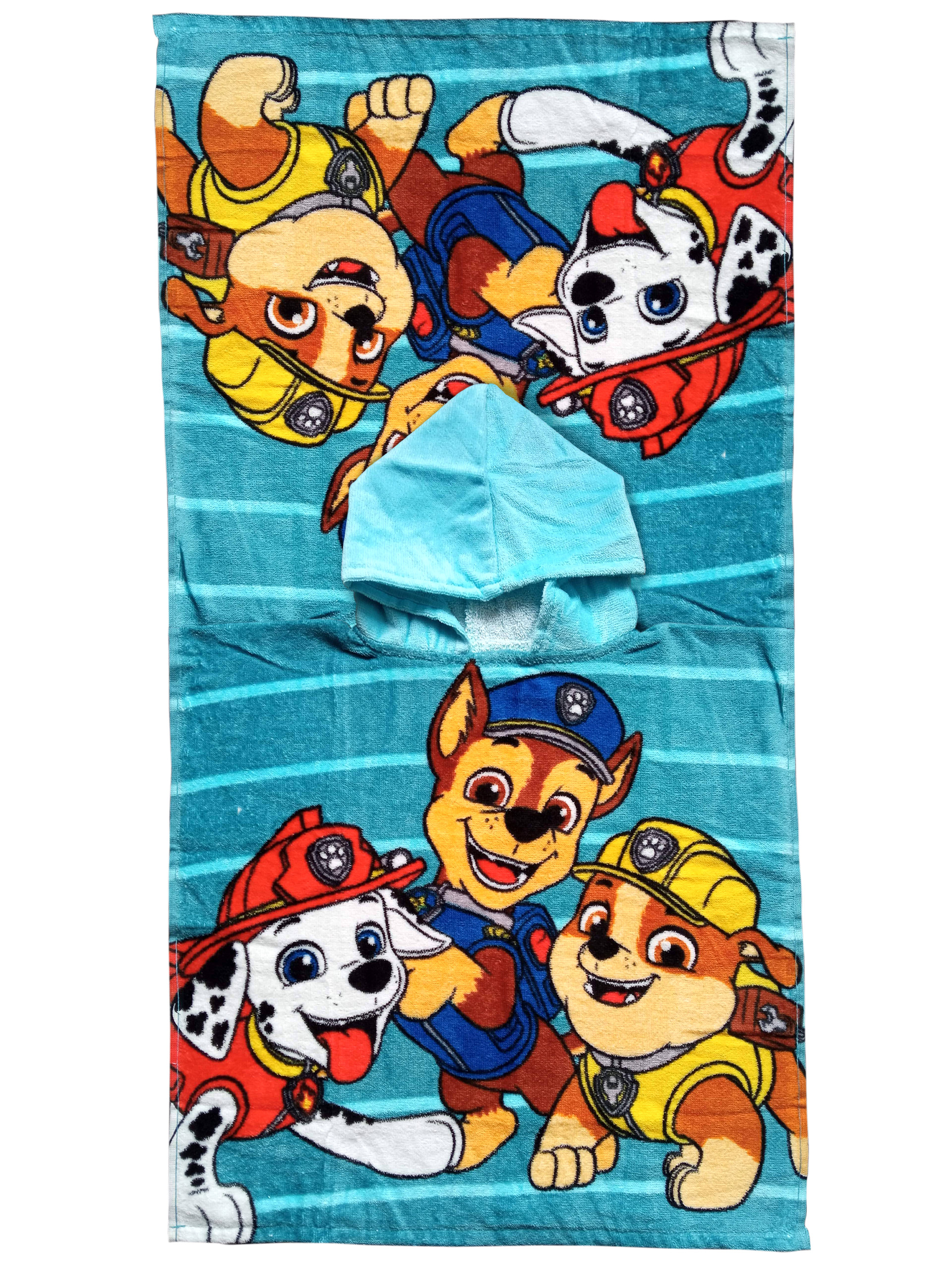 Ein blaues Handtuch mit Streifen und Paw Patrol Hunden.