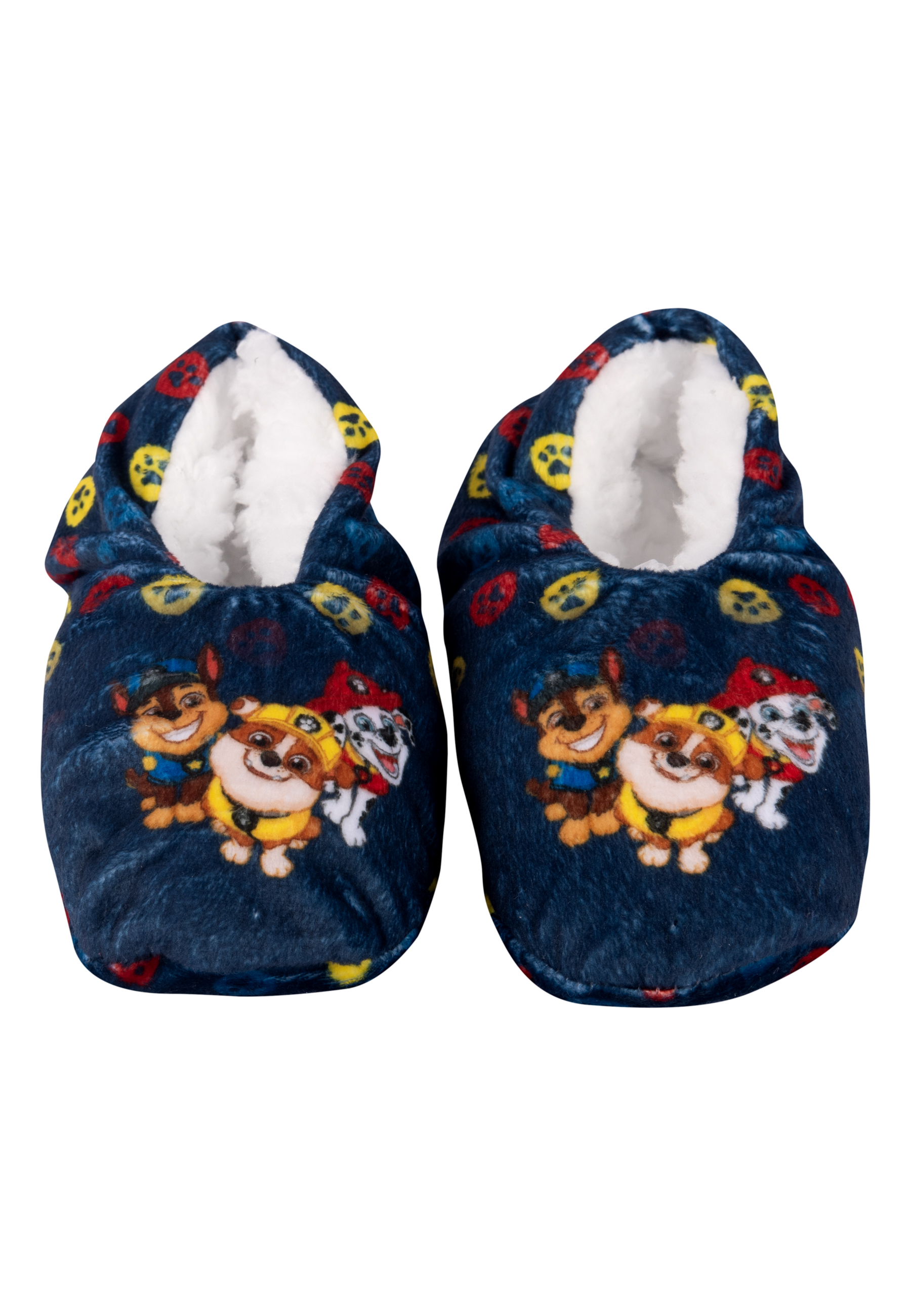 Blaue Hausschuhe mit Paw Patrol-Motiv und weißen Futter.