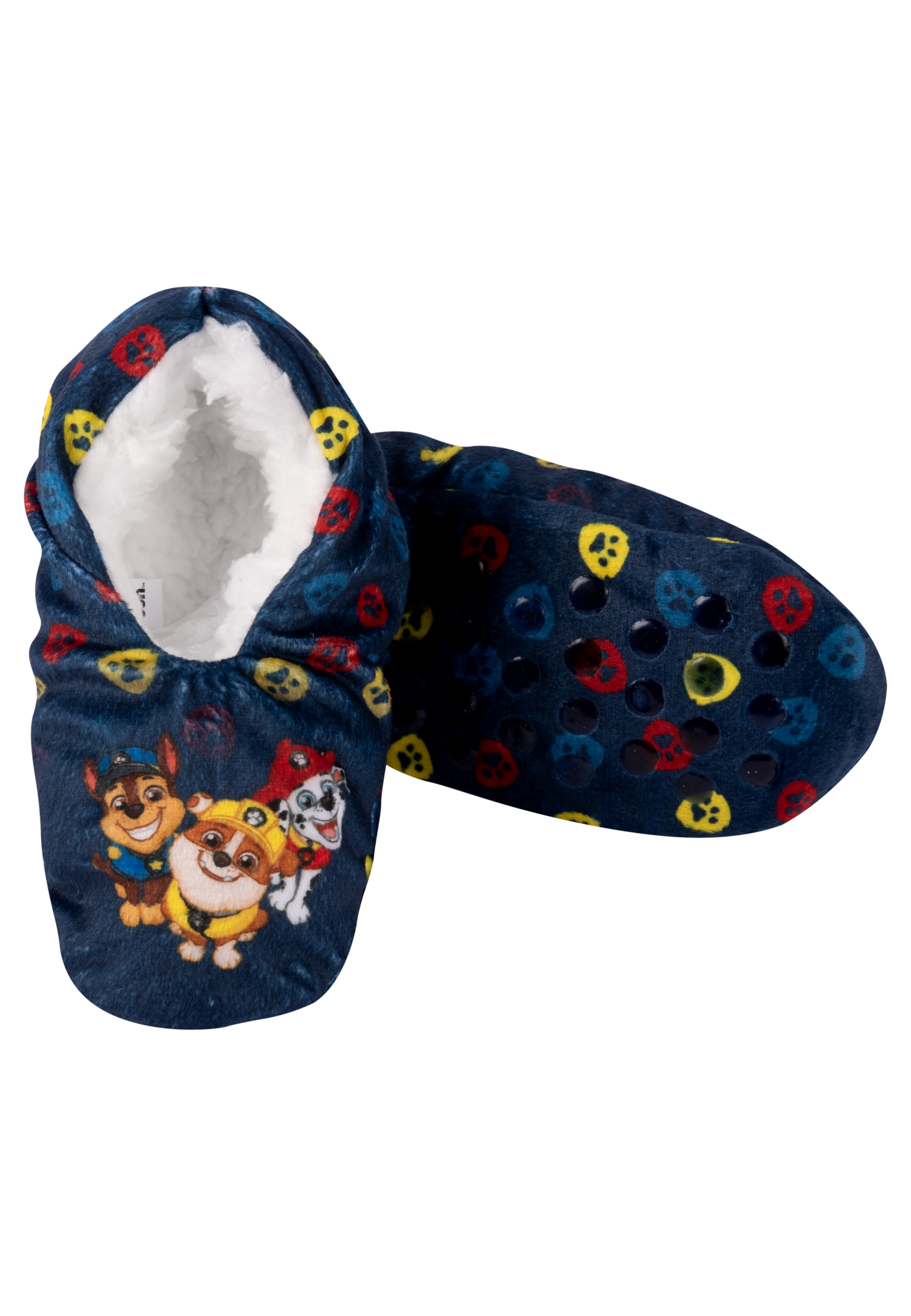 Dunkelblaue Hausschuhe mit Paw Patrol Figuren und Pfotenabdrücken.