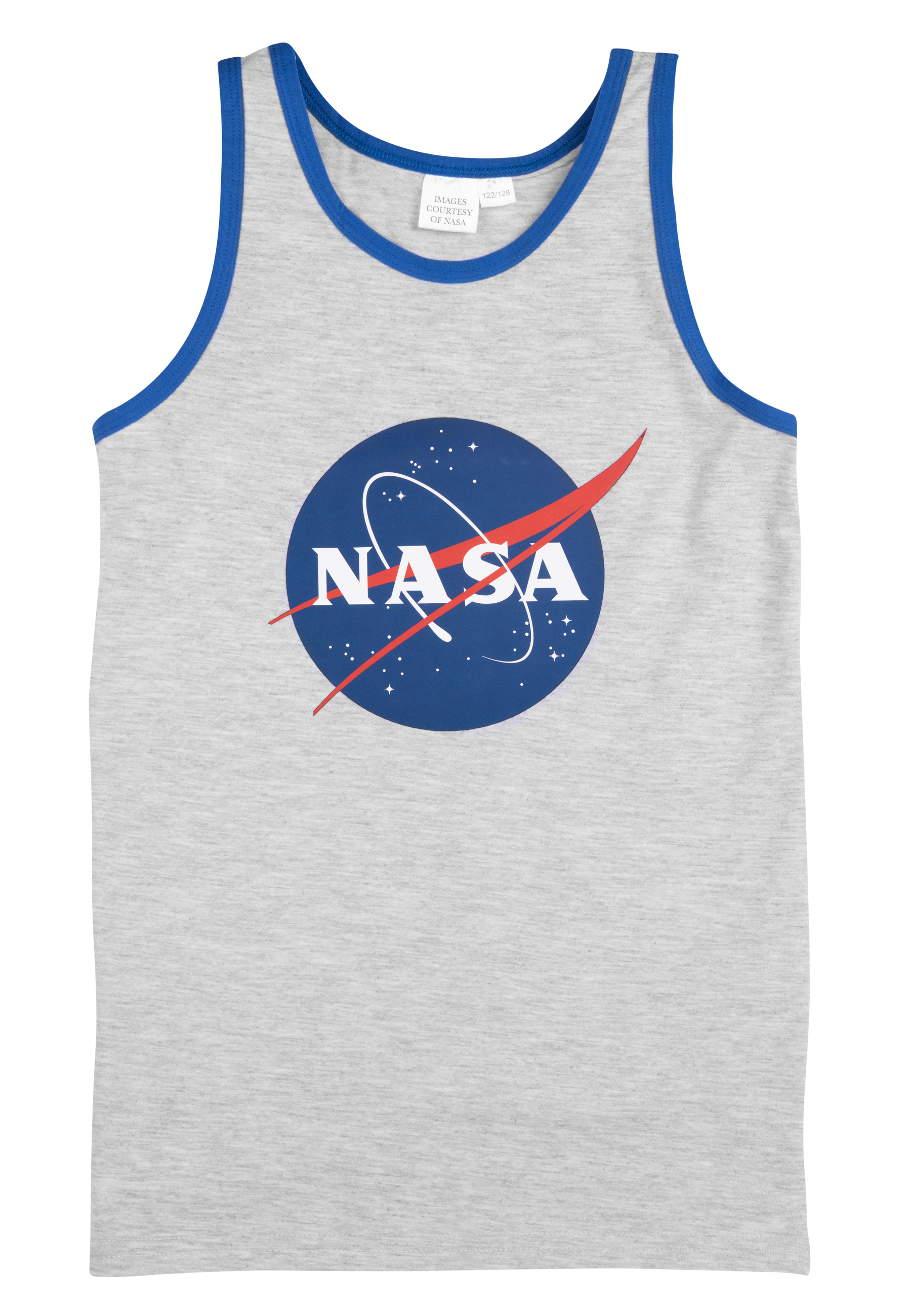 Graues Tanktop mit blauem Kragen und NASA-Logo auf der Vorderseite.