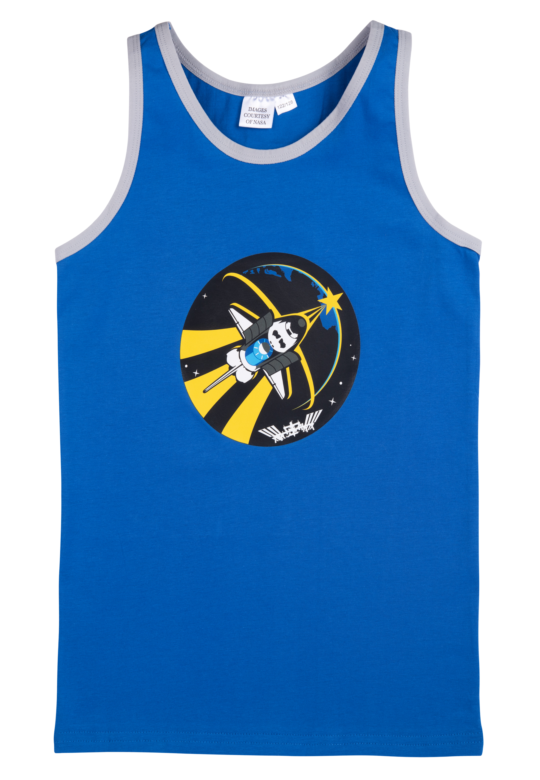 Ein blaues Tanktop mit einem Weltraum-Aufdruck: ein Raumschiff vor der Erde.
